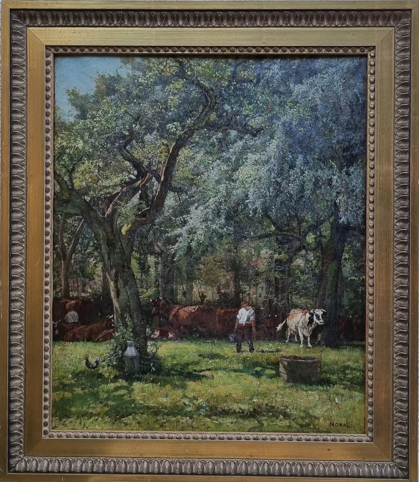 Gemälde Französische naturalistische Landschaft Kühe und Bäume Henri MORAL 19. Jahrhundert im Angebot 1