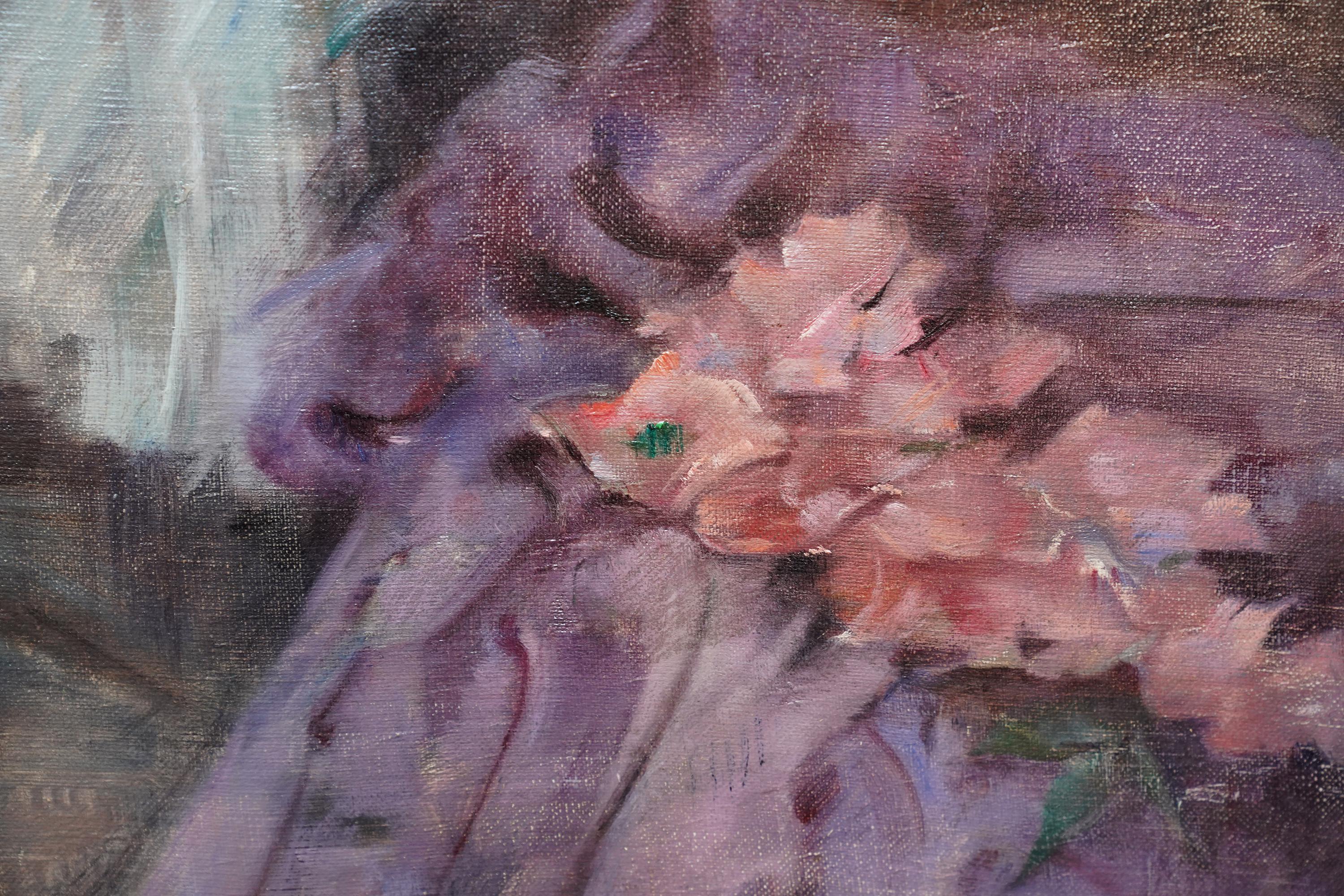 Bailarinas poniéndose los zapatos - Pintura al óleo de arte impresionista francés ballet en venta 5