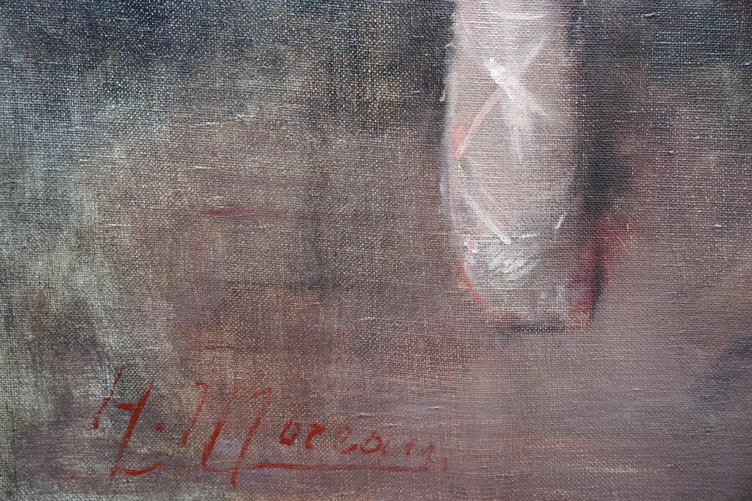 Bailarinas poniéndose los zapatos - Pintura al óleo de arte impresionista francés ballet en venta 6