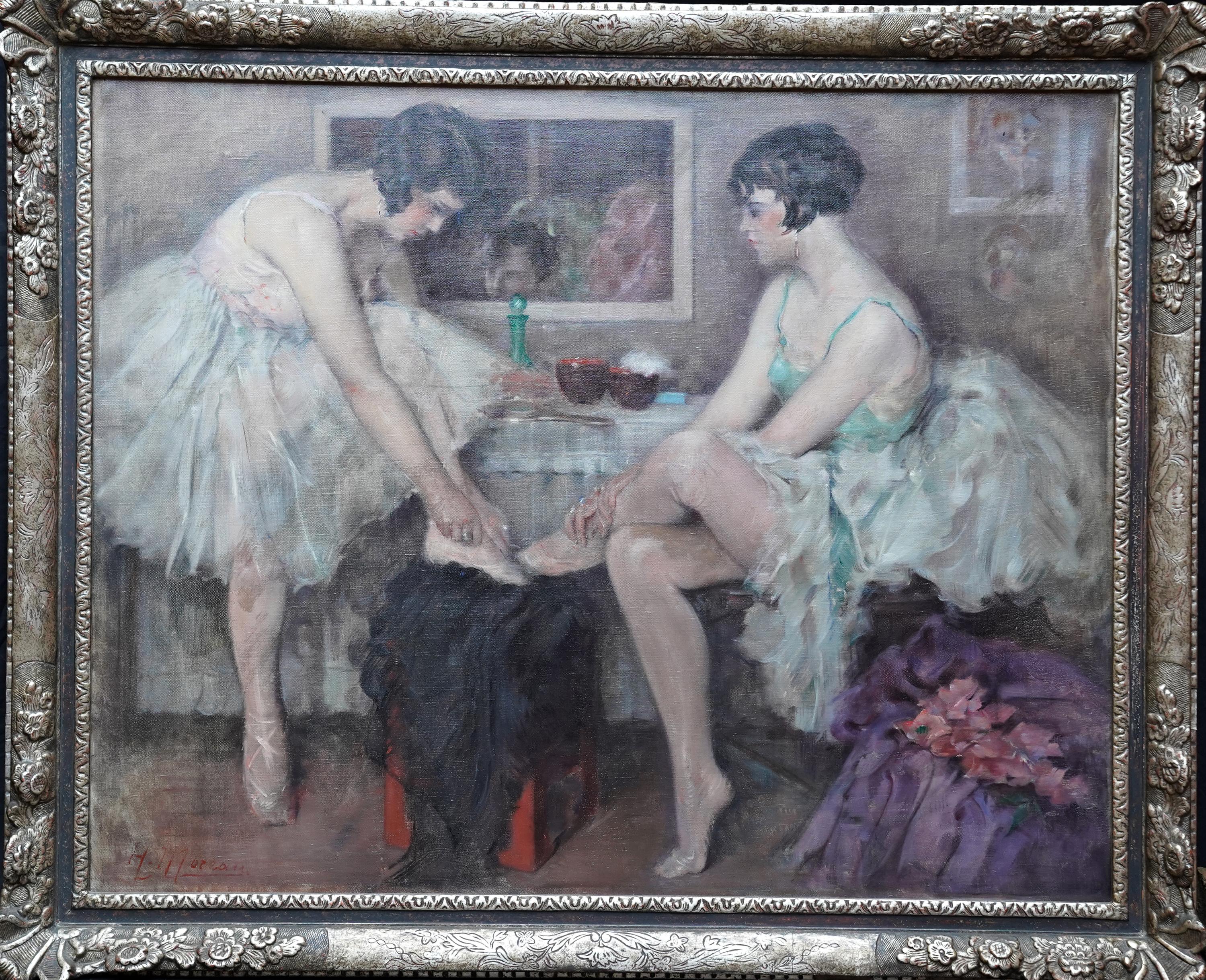 Bailarinas poniéndose los zapatos - Pintura al óleo de arte impresionista francés ballet en venta 9