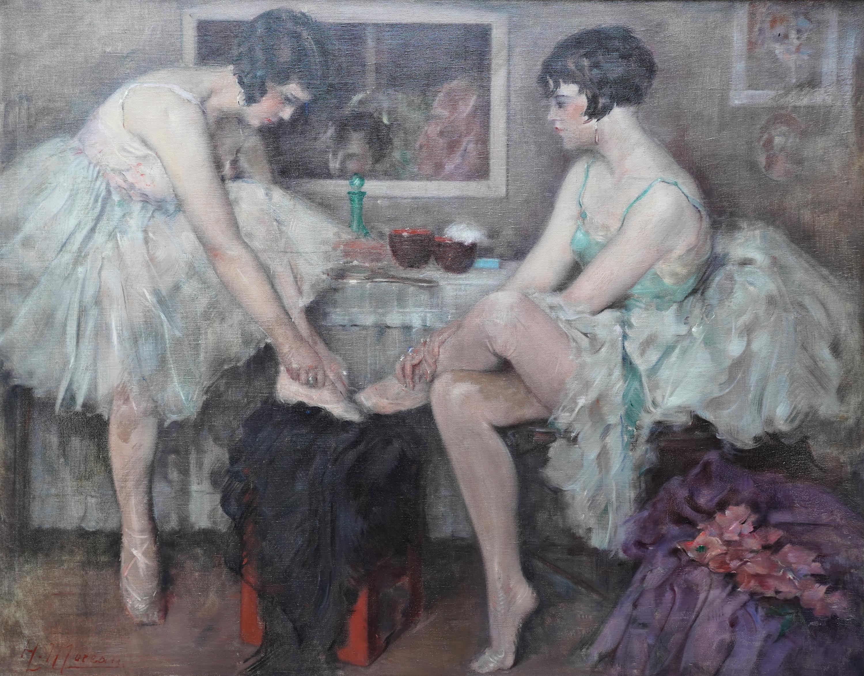 Bailarinas poniéndose los zapatos - Pintura al óleo de arte impresionista francés ballet - Painting de Henri Moreau