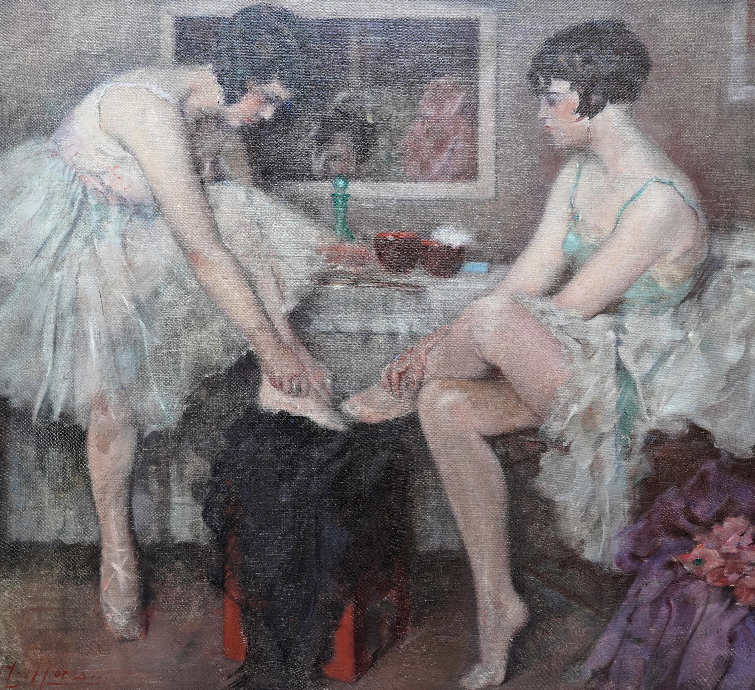 Bailarinas poniéndose los zapatos - Pintura al óleo de arte impresionista francés ballet - Painting Impresionista de Henri Moreau