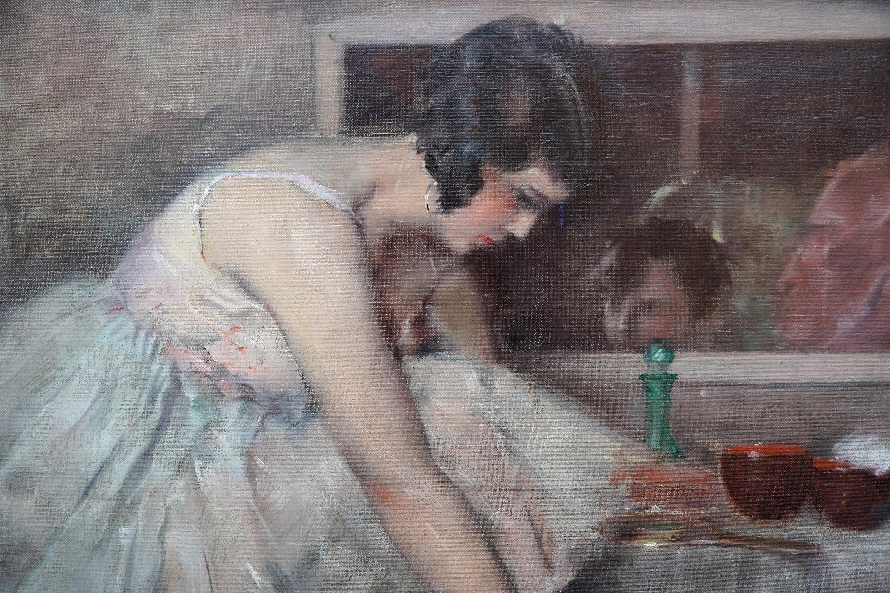 Bailarinas poniéndose los zapatos - Pintura al óleo de arte impresionista francés ballet en venta 1