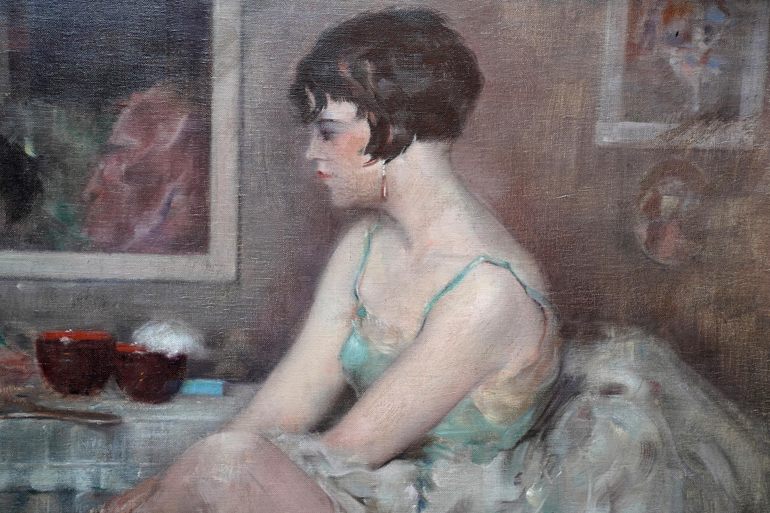 Bailarinas poniéndose los zapatos - Pintura al óleo de arte impresionista francés ballet en venta 2