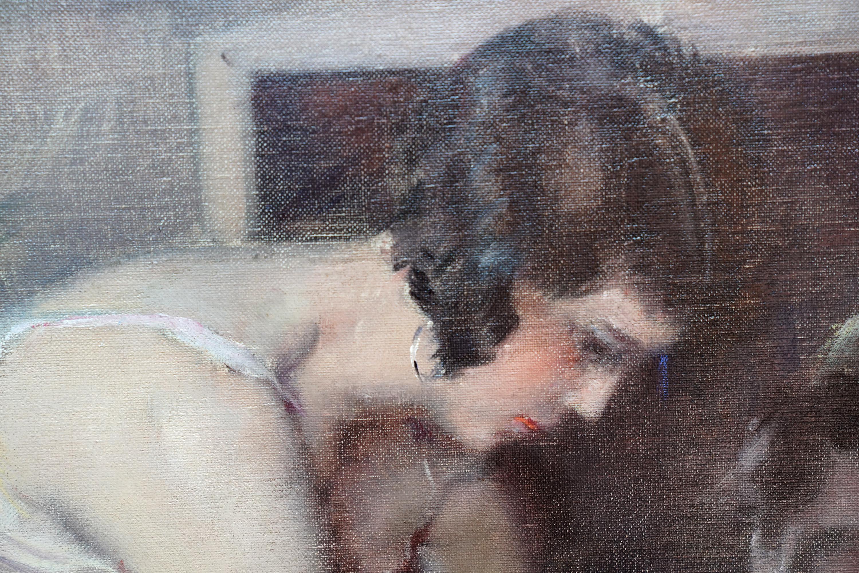 Bailarinas poniéndose los zapatos - Pintura al óleo de arte impresionista francés ballet en venta 3