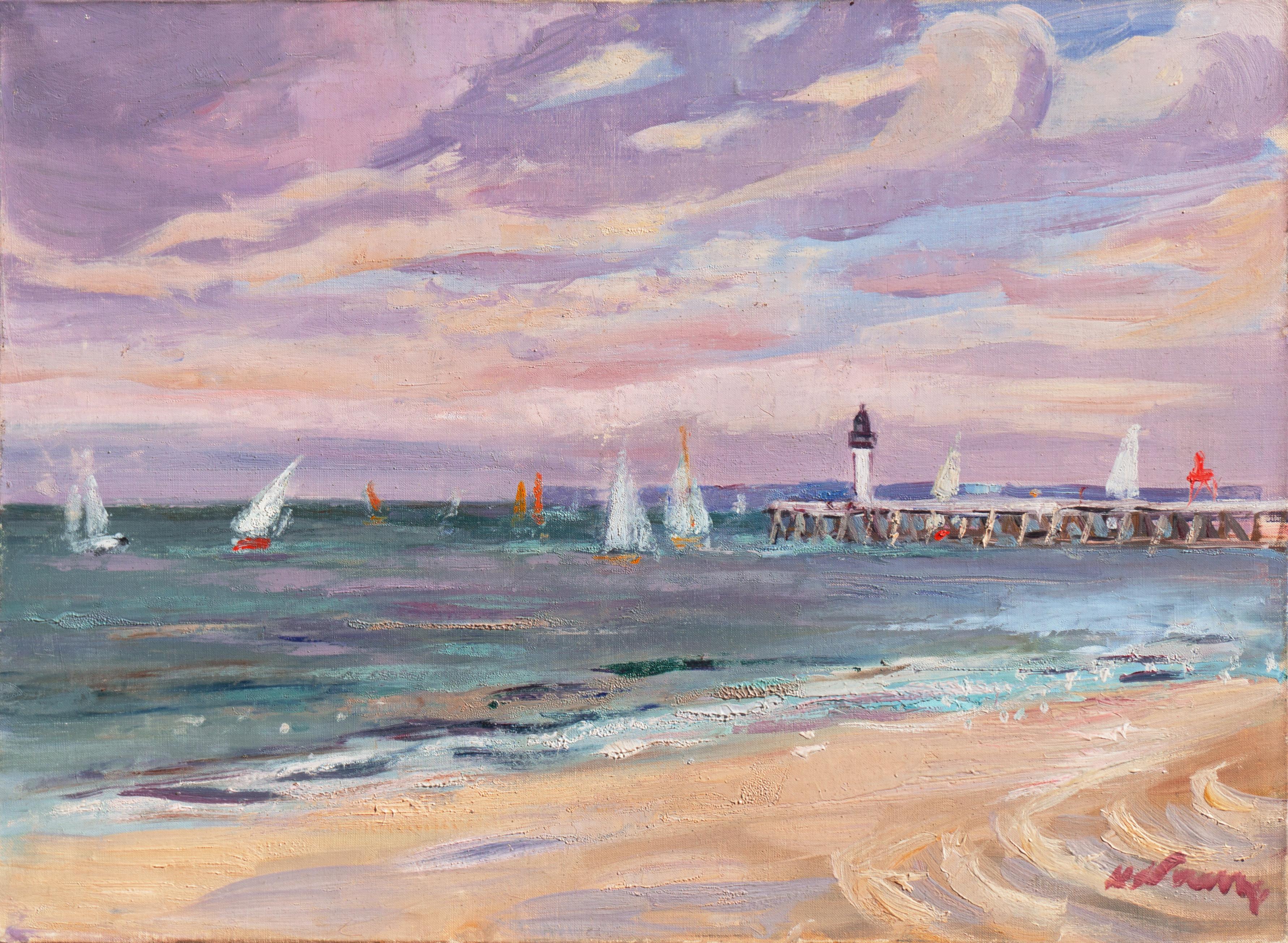 Signed lower right, 'H. Nourry' for Henri Nourry (French, 1902-1978) and painted circa 1965. Label, verso, with title 'Trouville', artist dates, and inscription, 'Voiliers près de la côte bretonne' (Sailboats near the Brittany coast).
Framed