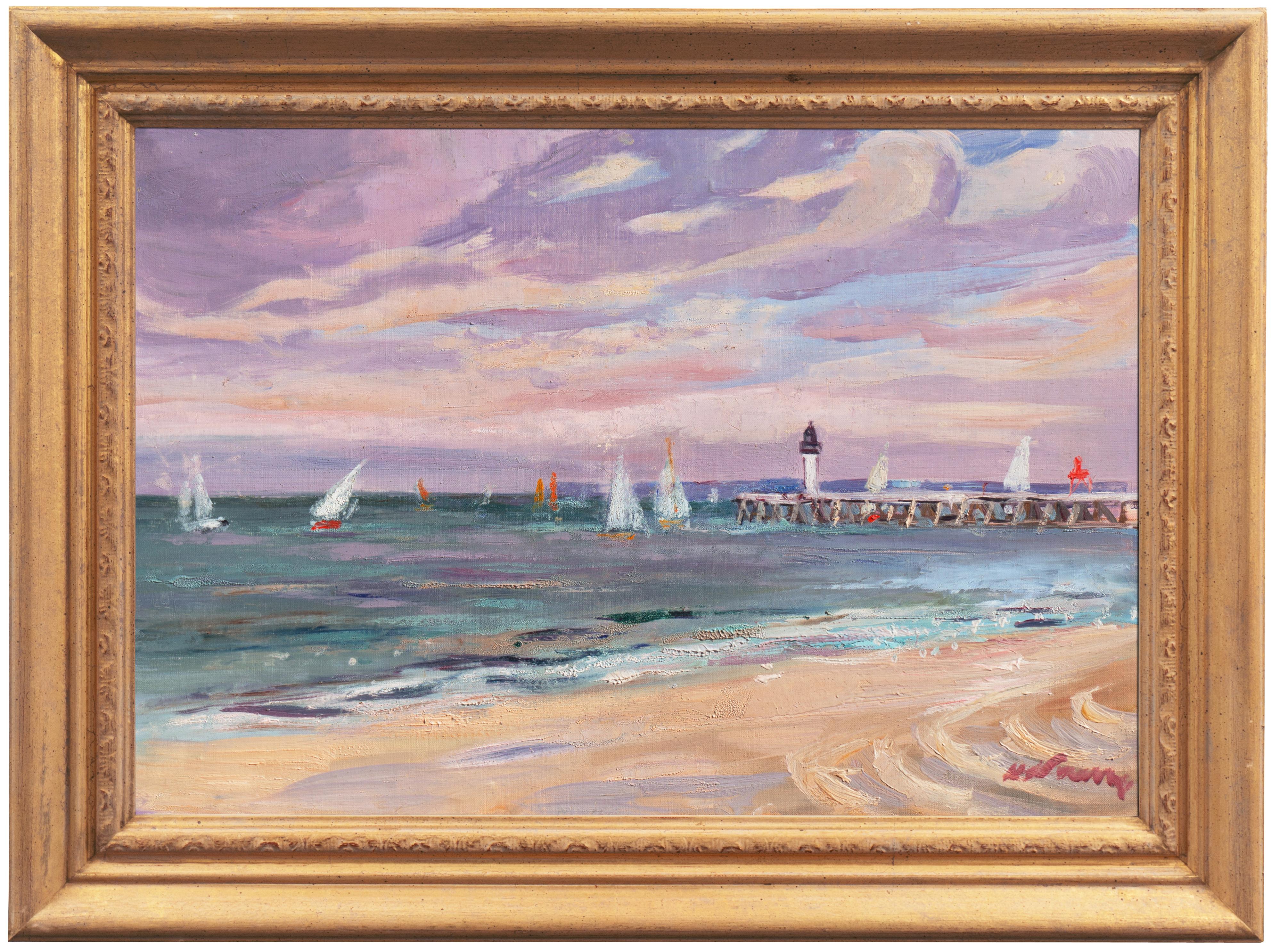'Sailing off Trouville', Brittany Coast, French Impressionist Oil, Benezit - Painting by Henri Nourry