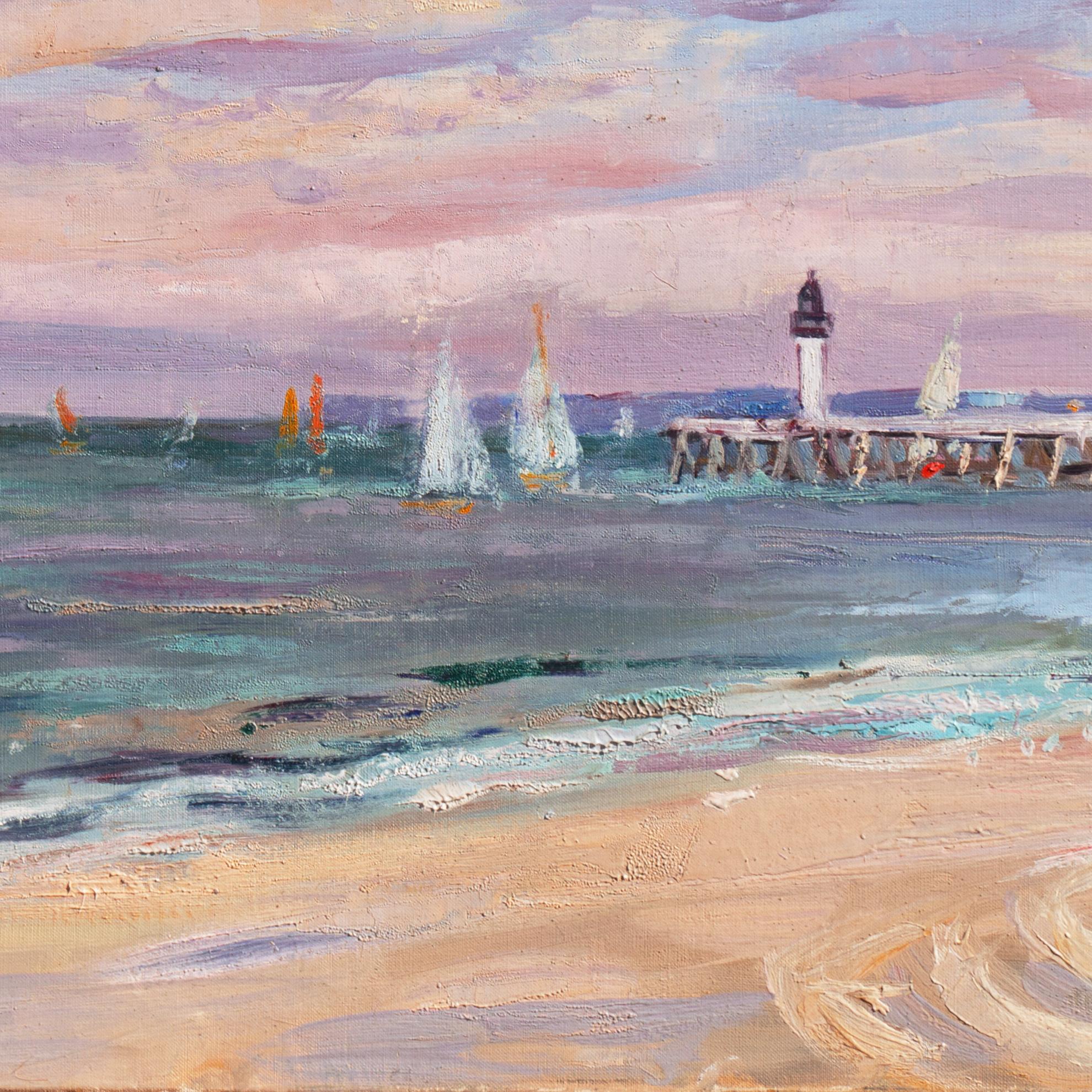 'Sailing off Trouville', Brittany Coast, French Impressionist Oil, Benezit - Gray Landscape Painting by Henri Nourry