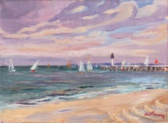'Sailing off Trouville', Brittany Coast, French Impressionist Oil, Benezit