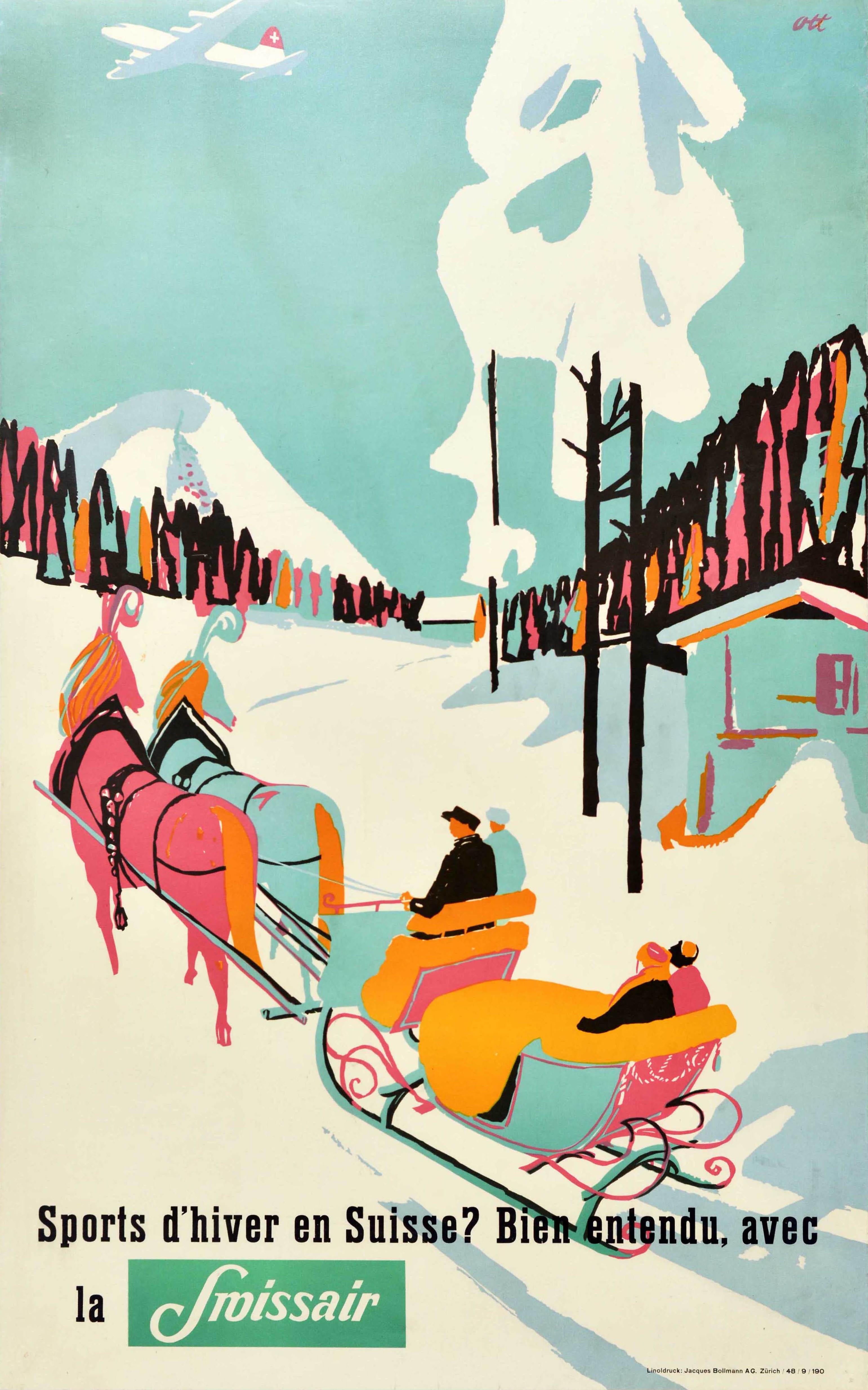Henri Ott Print - Original Vintage Poster Sports d'Hiver En Suisse Winter Switzerland Swissair Art
