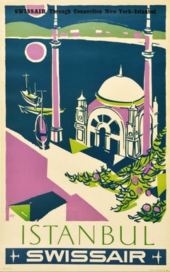 Original Vintage Swissair Travel Poster Istanbul Turkey Swissair Airline Mosque