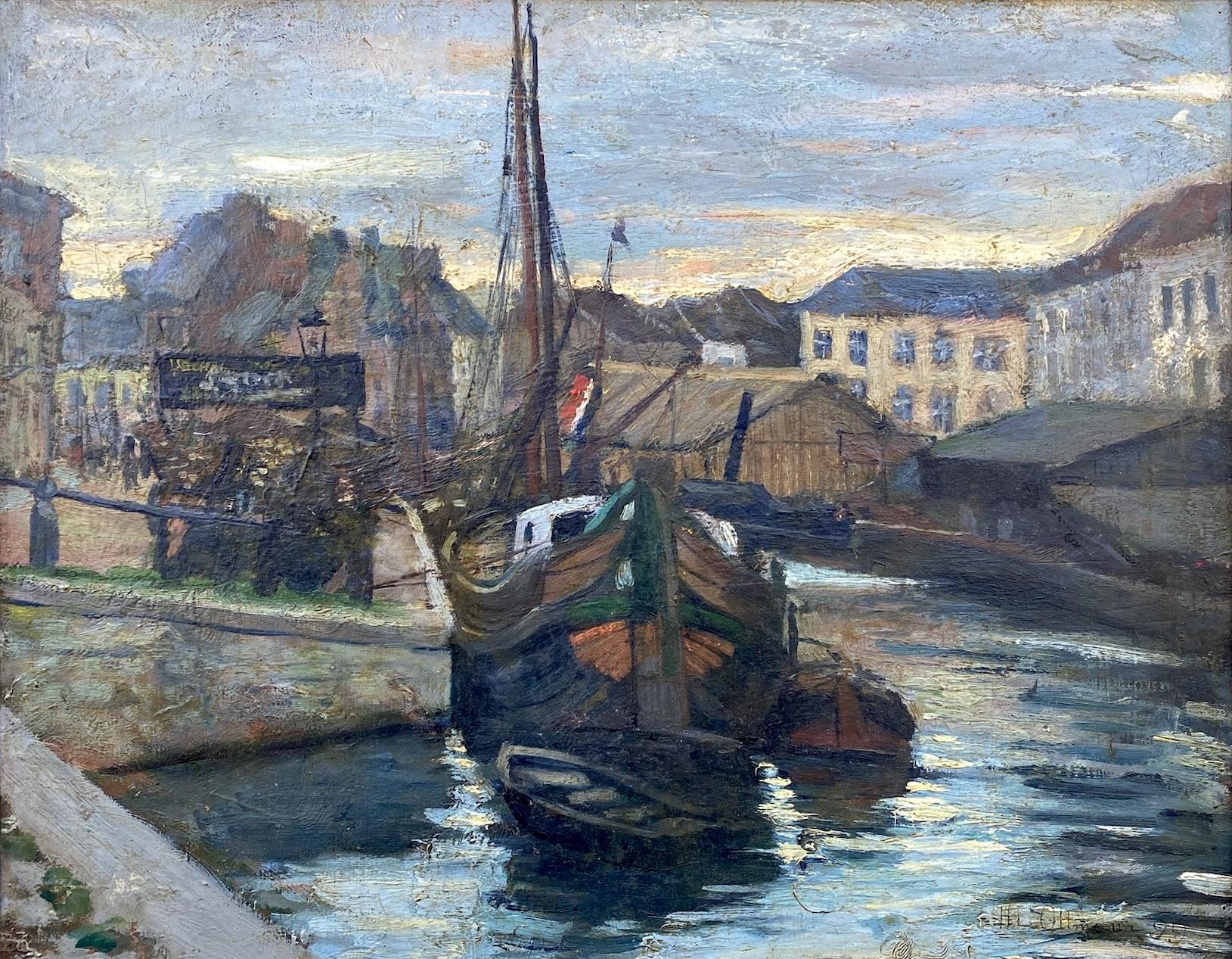 Amanecer en un puerto pesquero Óleo impresionista francés de época Art Nouveau - Painting de Henri Ottmann