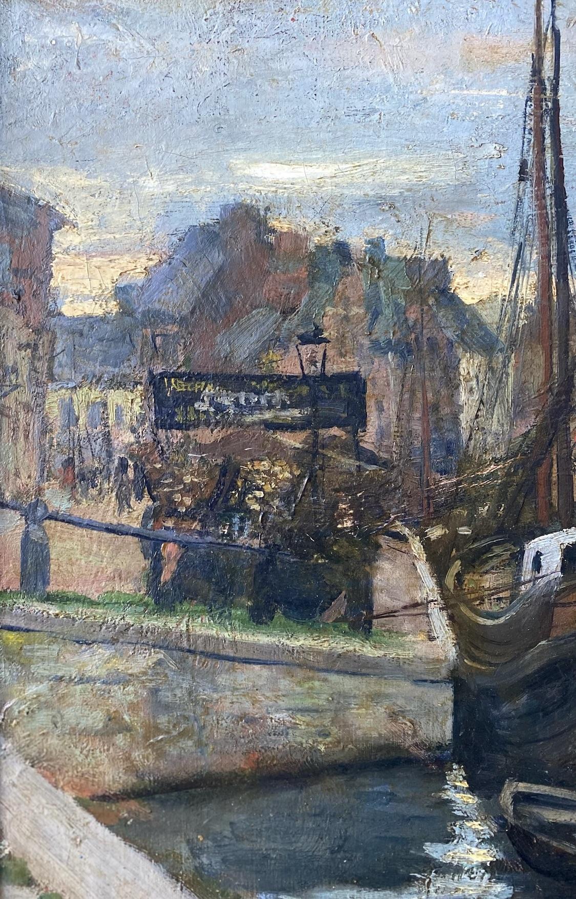 Amanecer en un puerto pesquero Óleo impresionista francés de época Art Nouveau - Painting Impresionista de Henri Ottmann
