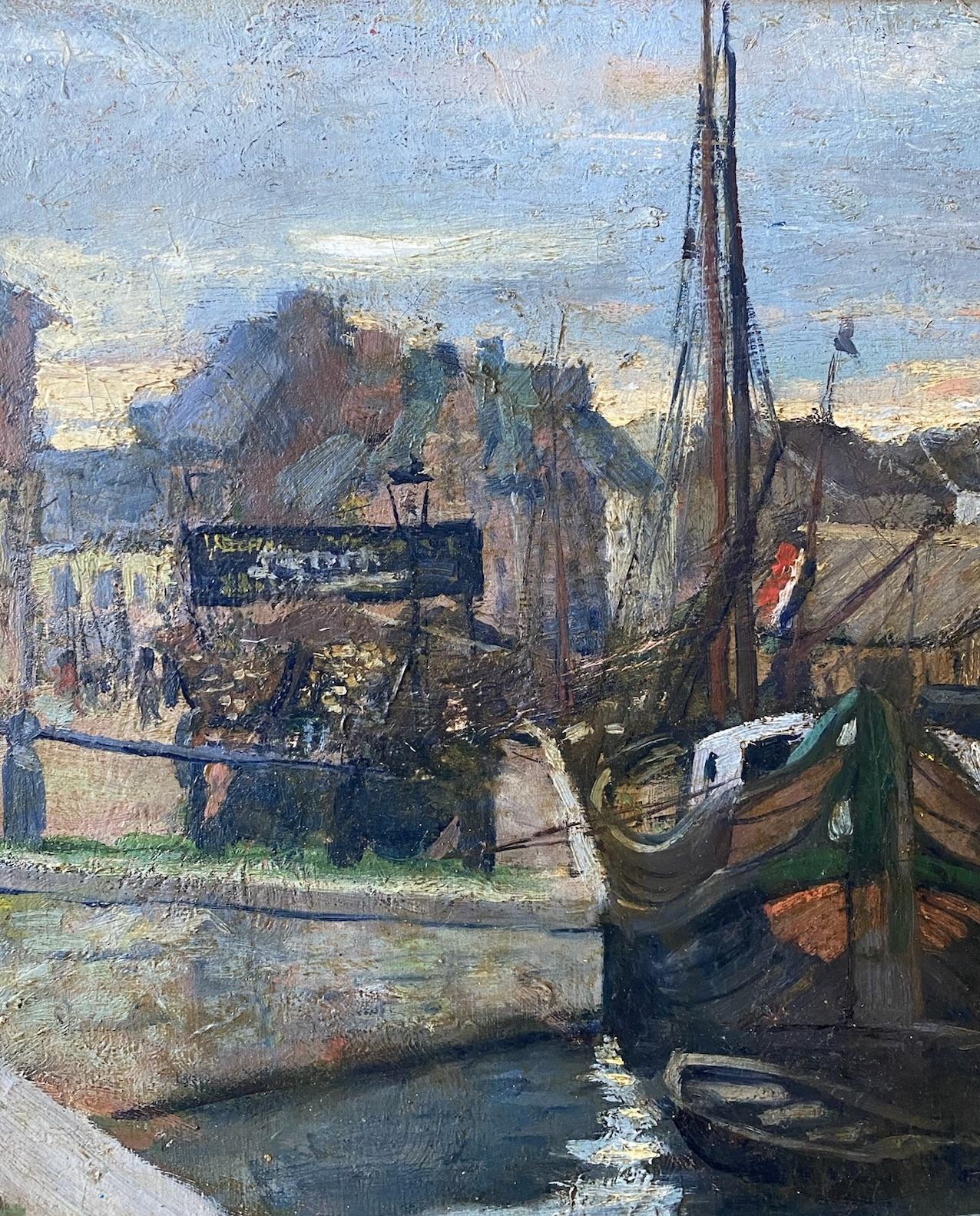 Amanecer en un puerto pesquero Óleo impresionista francés de época Art Nouveau - Figurative Painting Gris de Henri Ottmann