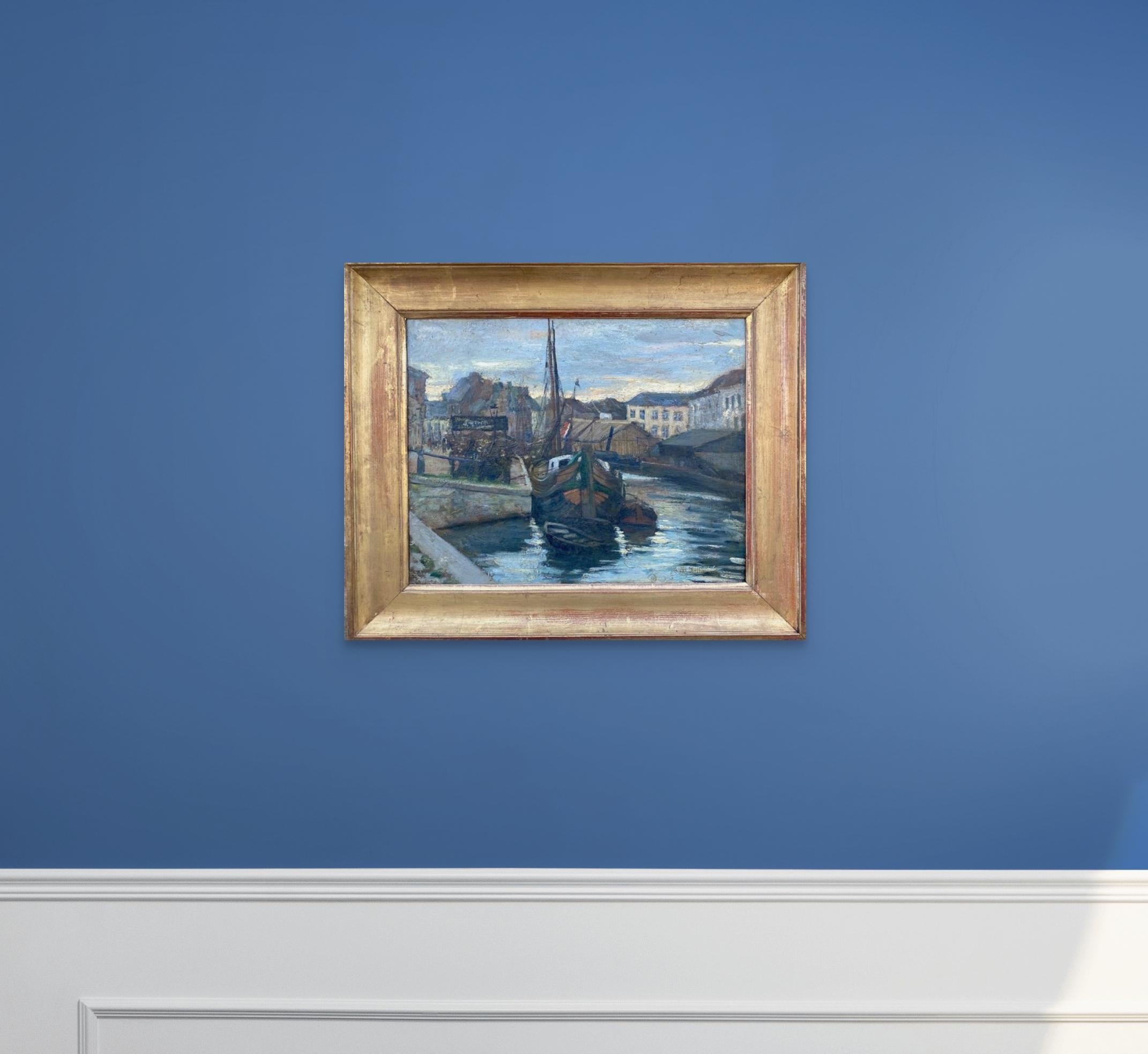 Amanecer en un puerto pesquero Óleo impresionista francés de época Art Nouveau en venta 1