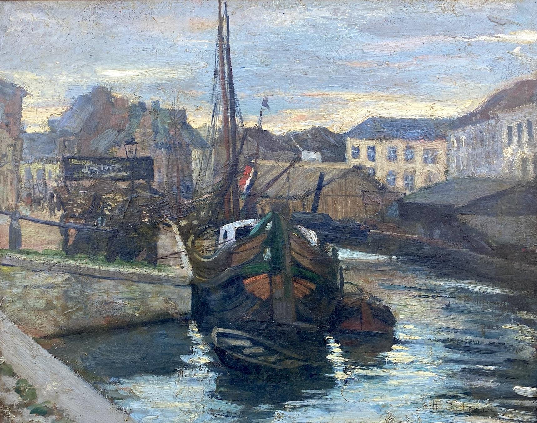 Amanecer en un puerto pesquero Óleo impresionista francés de época Art Nouveau en venta 2
