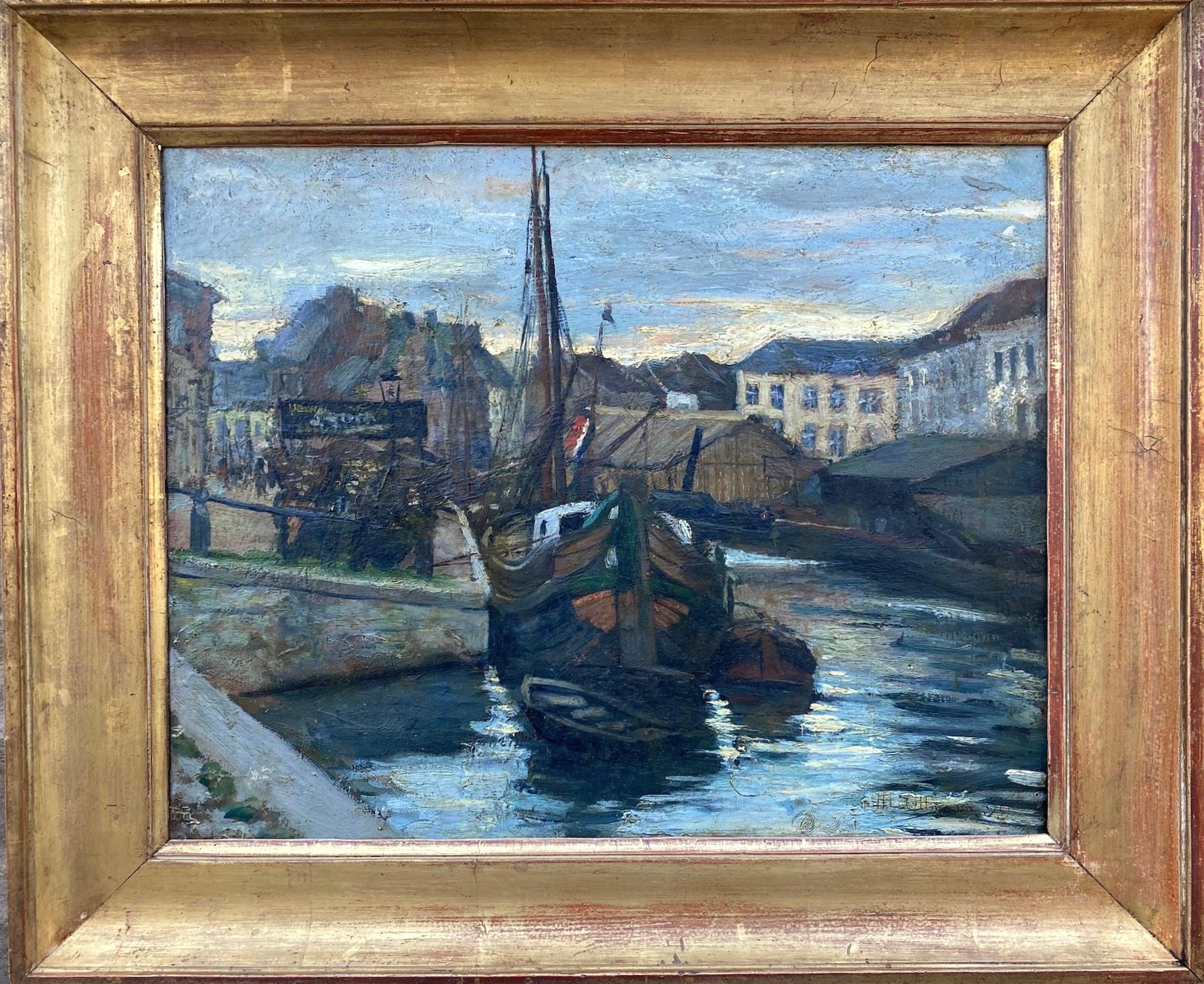 Figurative Painting de Henri Ottmann - Amanecer en un puerto pesquero Óleo impresionista francés de época Art Nouveau