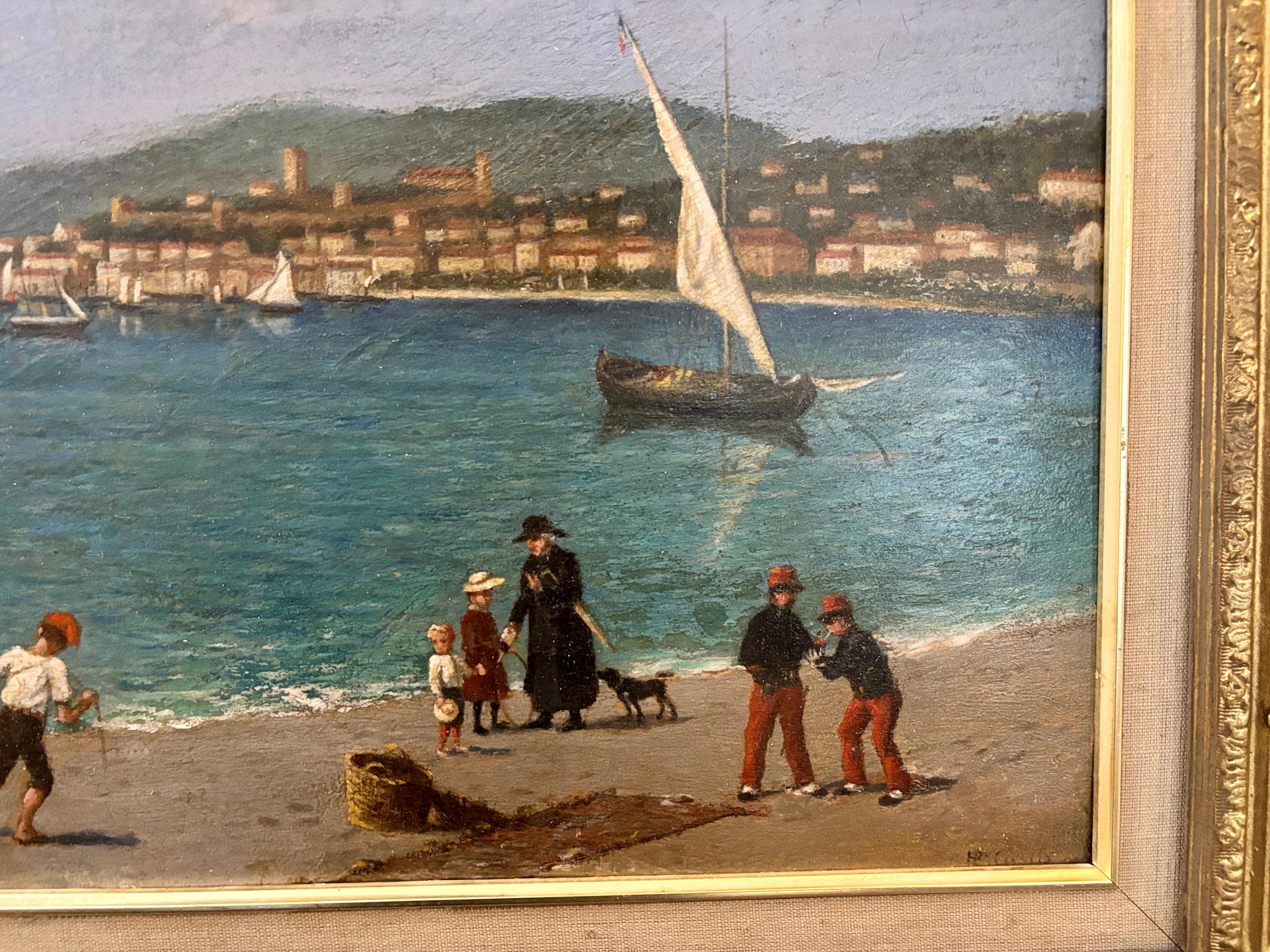 19th Century French Impressionist Harbour scene with fishing boats and people - Brown Landscape Painting by Henri Pearson 