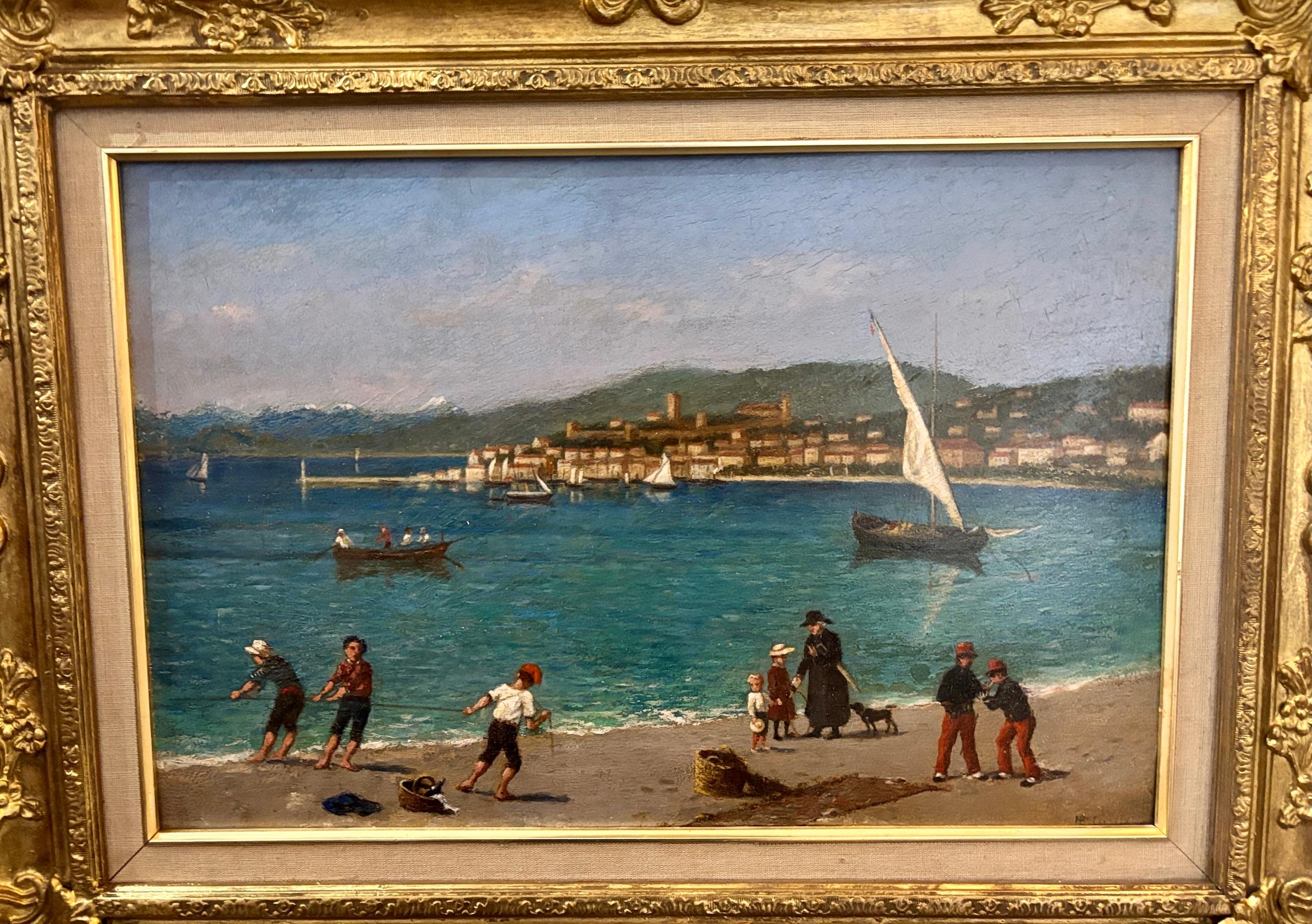 19th Century French Impressionist Harbour scene with fishing boats and people For Sale 1