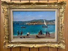 19th Century French Impressionist Harbour scene with fishing boats and people