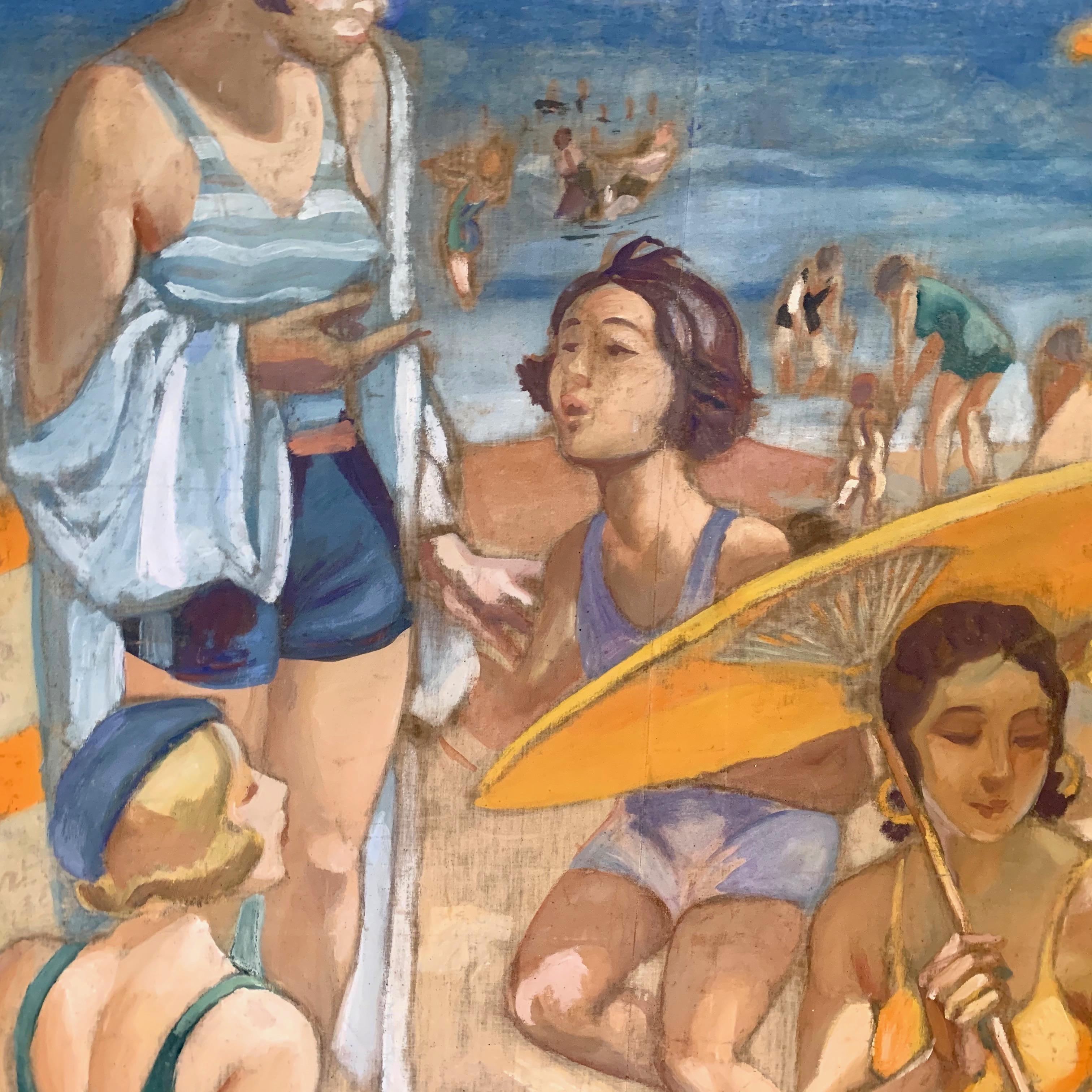 French Art Deco oil painting titled 'Day At The Beach' created by Henri Pedezert in circa 1930. The piece depicts a group of beach-goers in colorful bathing suits and beach wear of the period, lounging in the sun. 
Pedezert was active in the