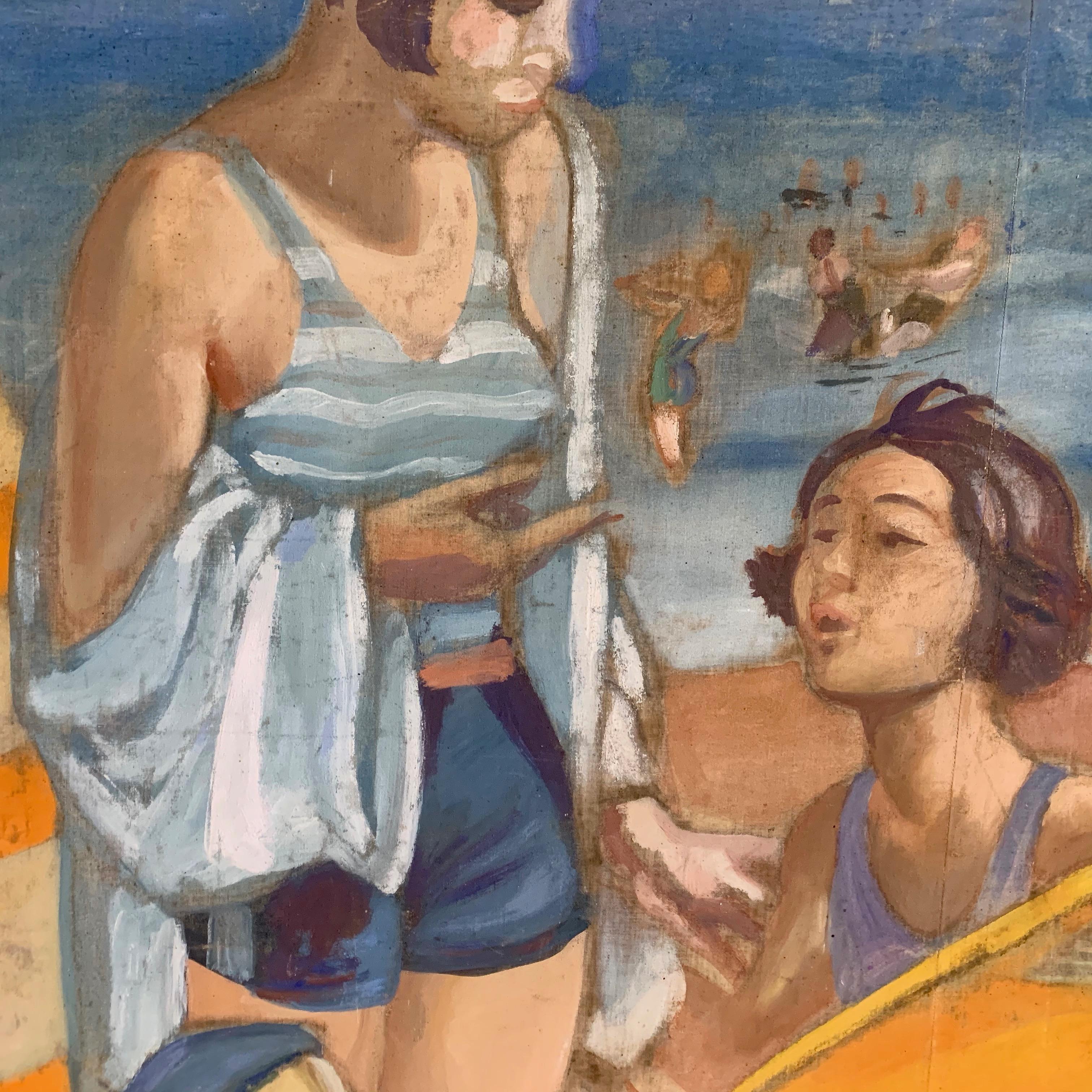 Henri Pedezert 'Day At The Beach' French Art Deco Oil Painting In Good Condition In New York, NY
