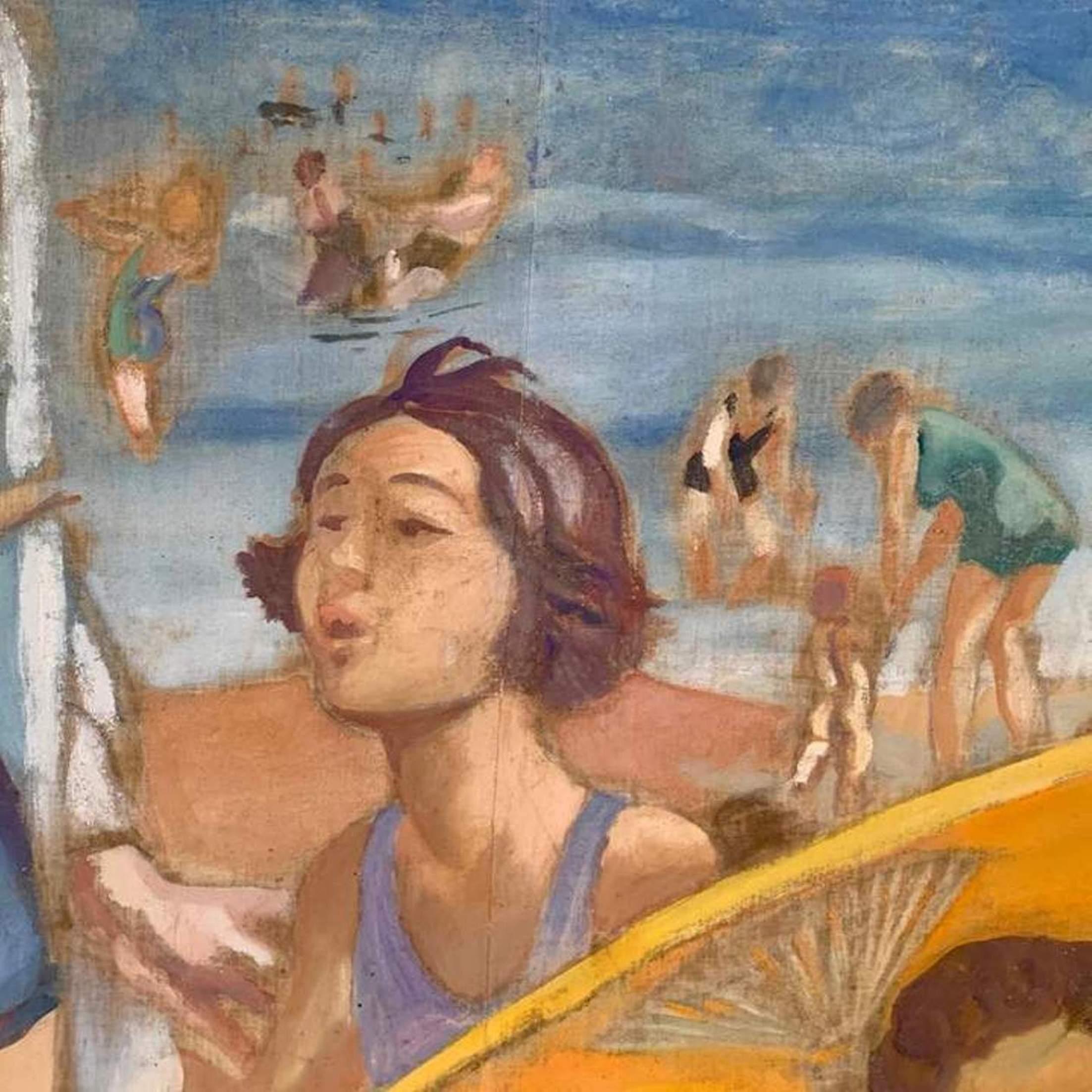 „Tag am Strand“ Französisches Art déco-Ölgemälde, Ölgemälde – Painting von Henri Pedezert
