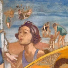 'Day At The Beach' French Art Deco Oil Painting