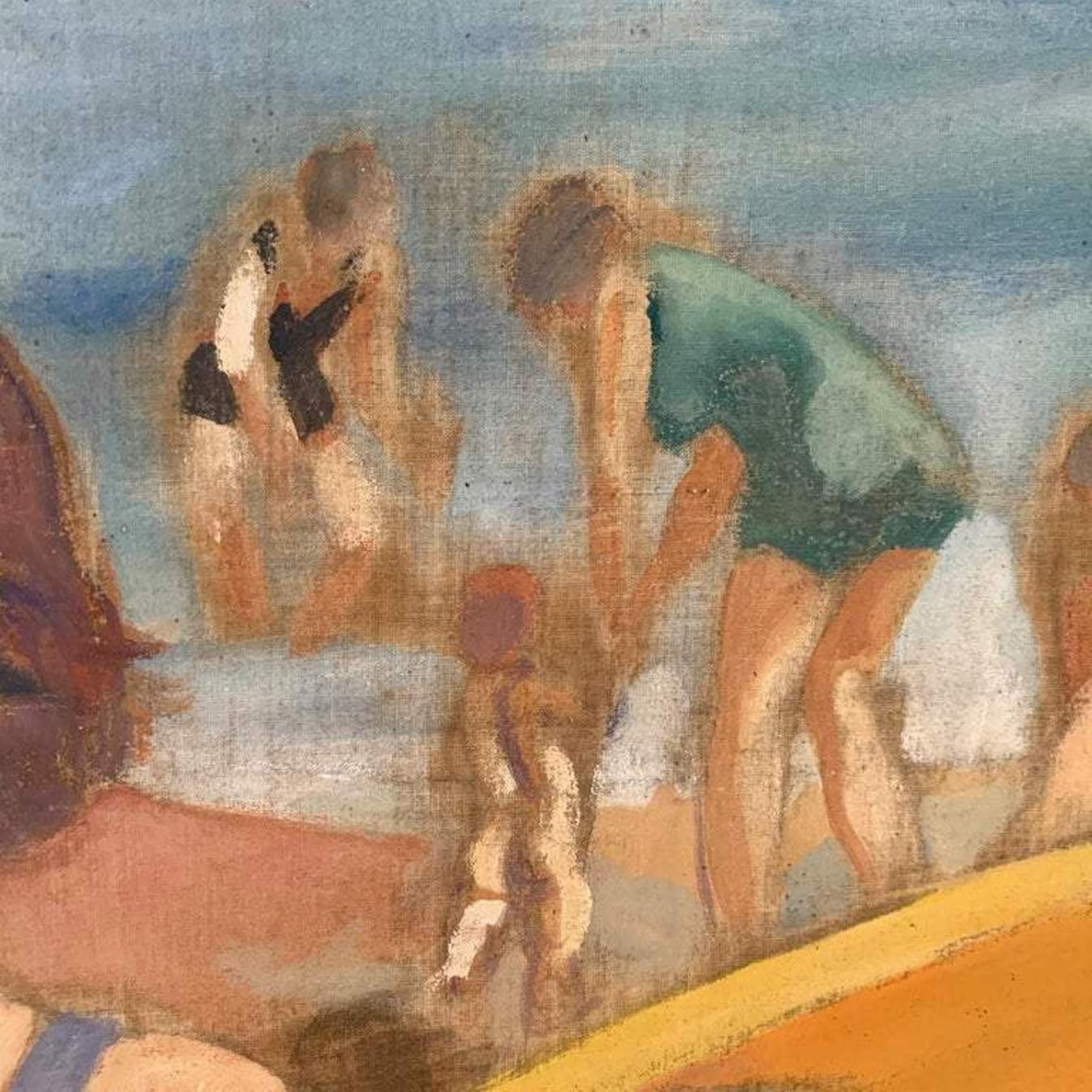French Art Deco oil painting titled 'Day At The Beach' created by Henri Pedezert in circa 
1930. The piece depicts a group of beach-goers in colorful bathing suits and beach wear 
of the period, lounging in the sun. Pedezert was active in the