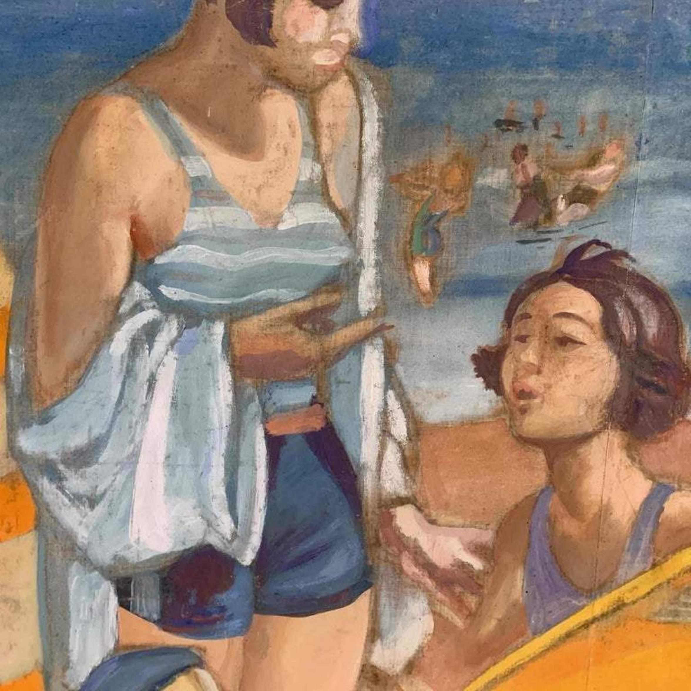  'Day At The Beach' French Art Deco Oil Painting For Sale 4