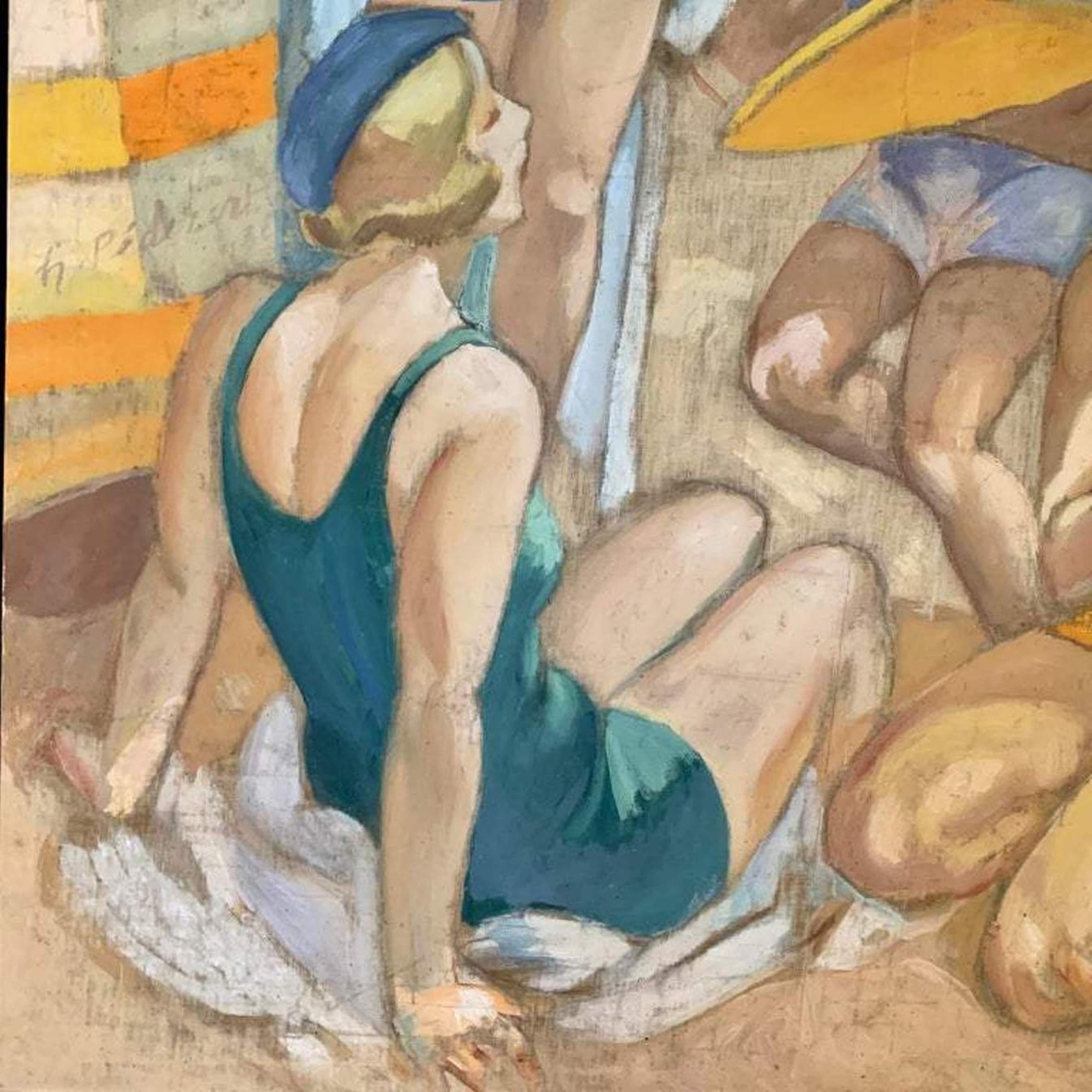  'Day At The Beach' French Art Deco Oil Painting For Sale 5