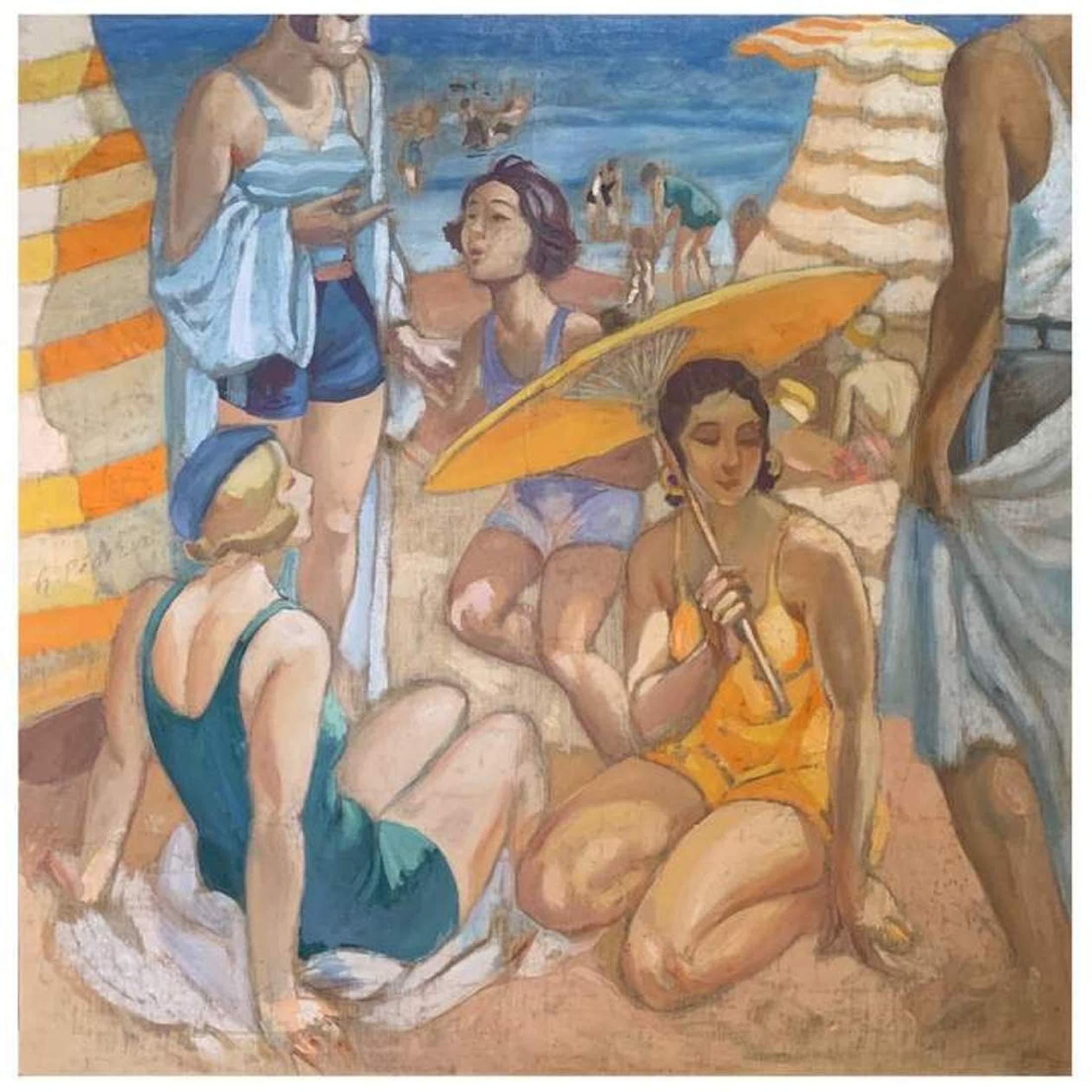 Henri Pedezert Figurative Painting -  'Day At The Beach' French Art Deco Oil Painting