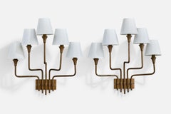 Henri Petitot, Wandleuchten, Messing, Stoff, Frankreich, 1950er Jahre