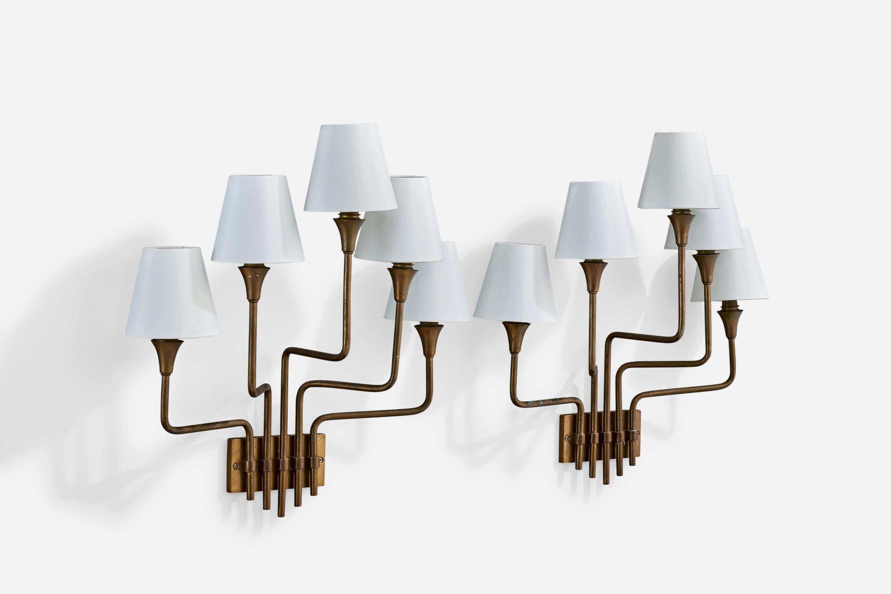 Mid-Century Modern Henri Petitot, Wall Lights, Brass, Fabric, France, 1950s For Sale