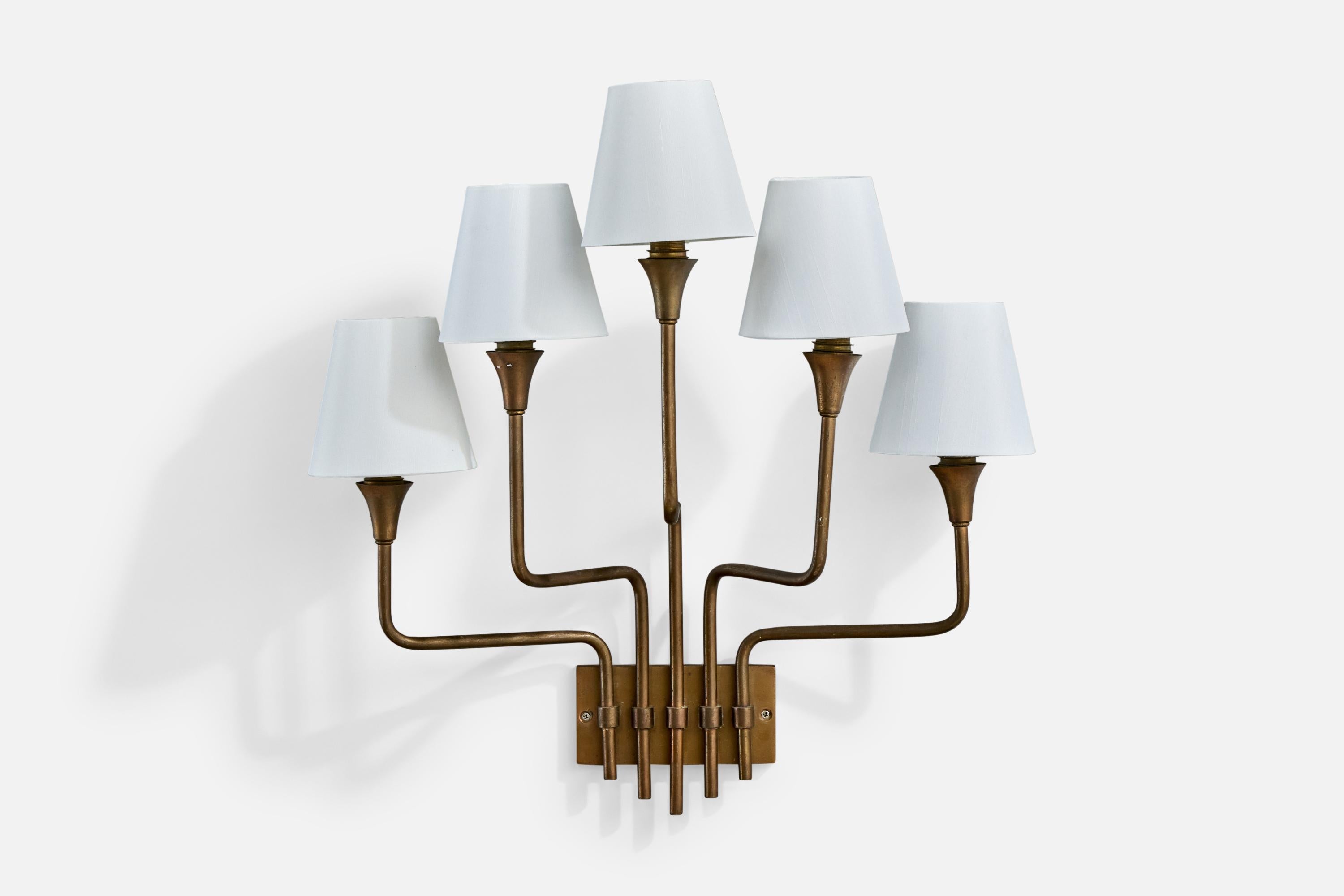 French Henri Petitot, Wall Lights, Brass, Fabric, France, 1950s For Sale