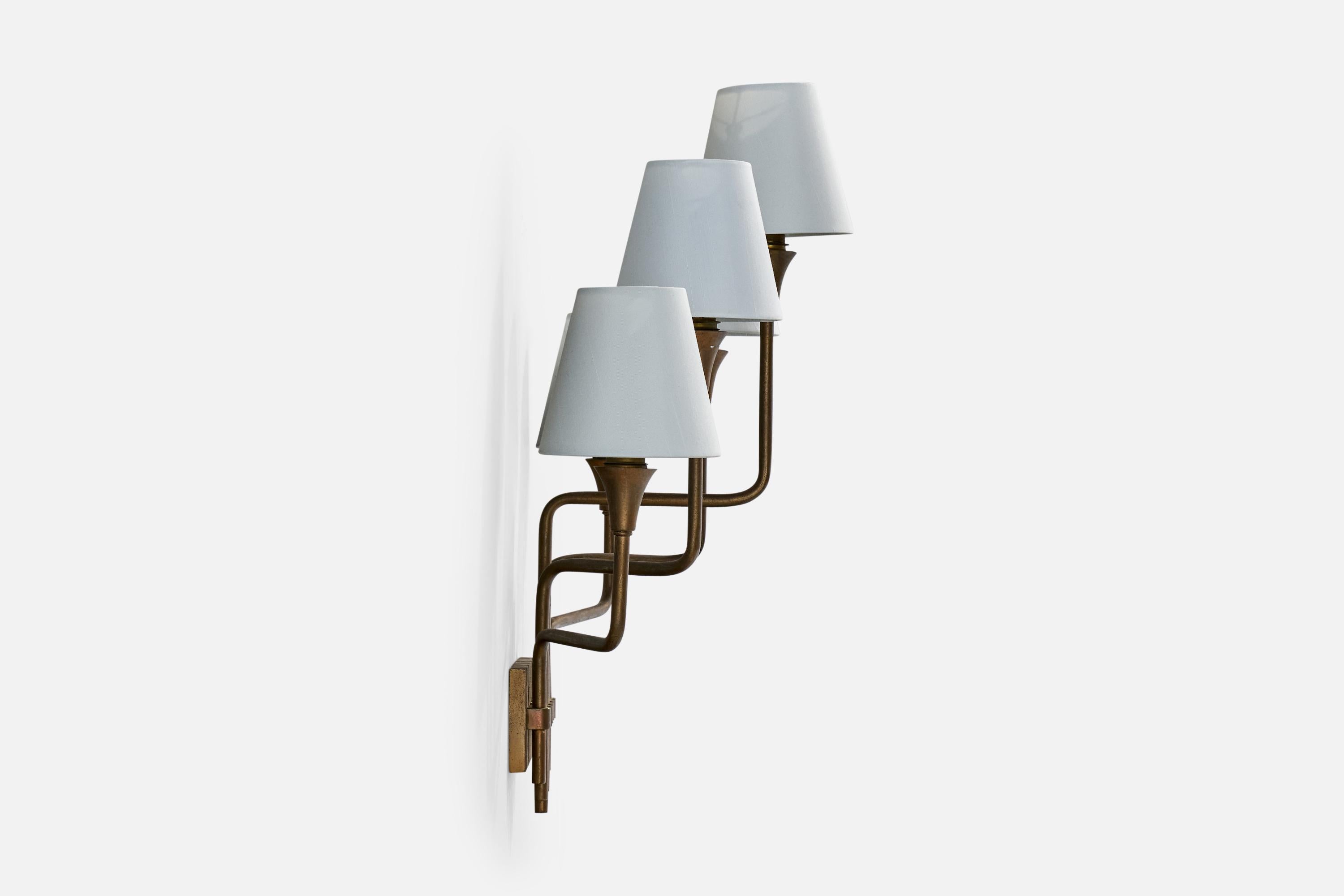 Henri Petitot, Wall Lights, Brass, Fabric, France, 1950s In Good Condition For Sale In High Point, NC