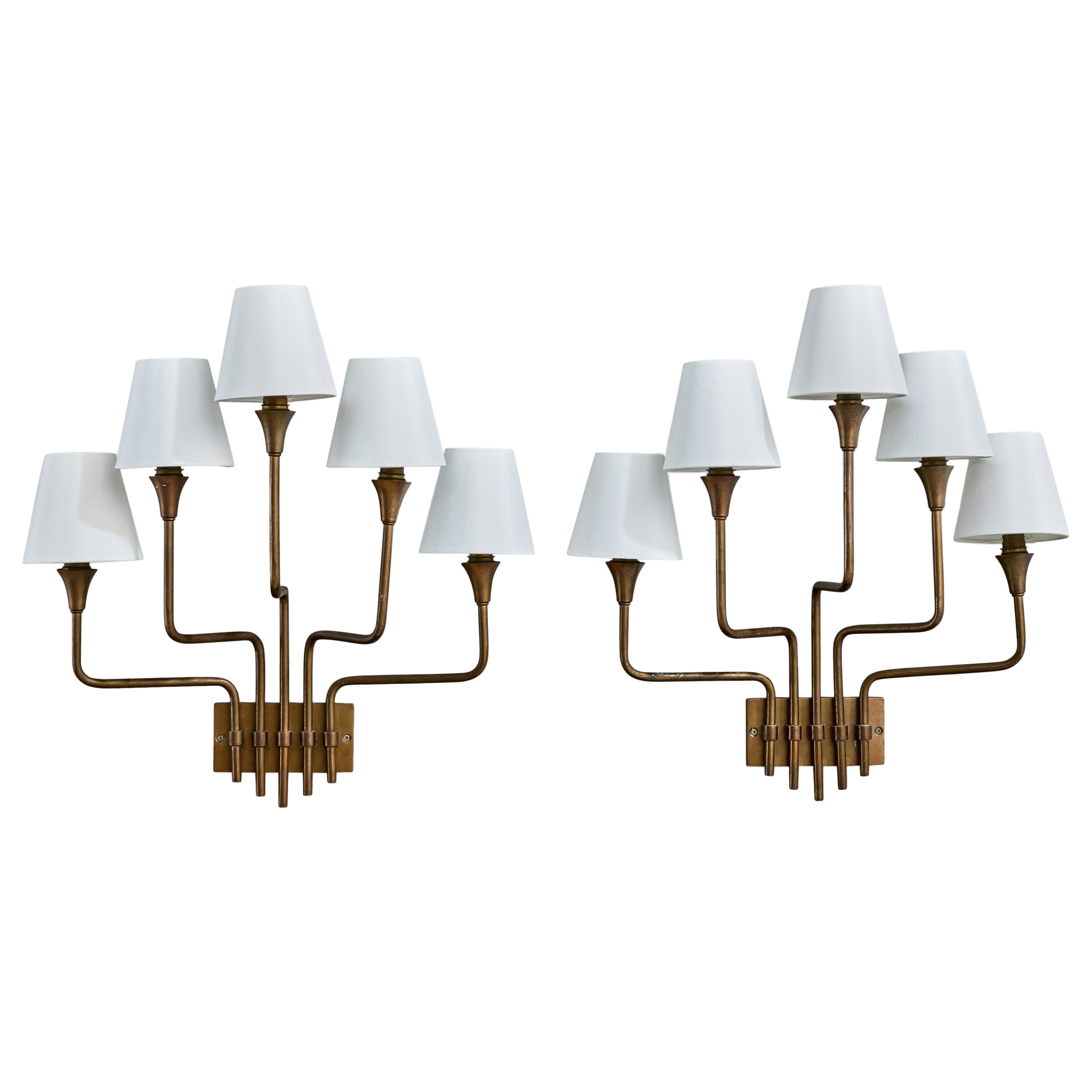 Henri Petitot, Wall Lights, Brass, Fabric, France, 1950s