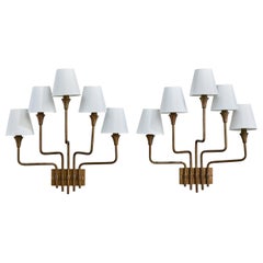 Henri Petitot, Wall Lights, Brass, Fabric, France, 1950s