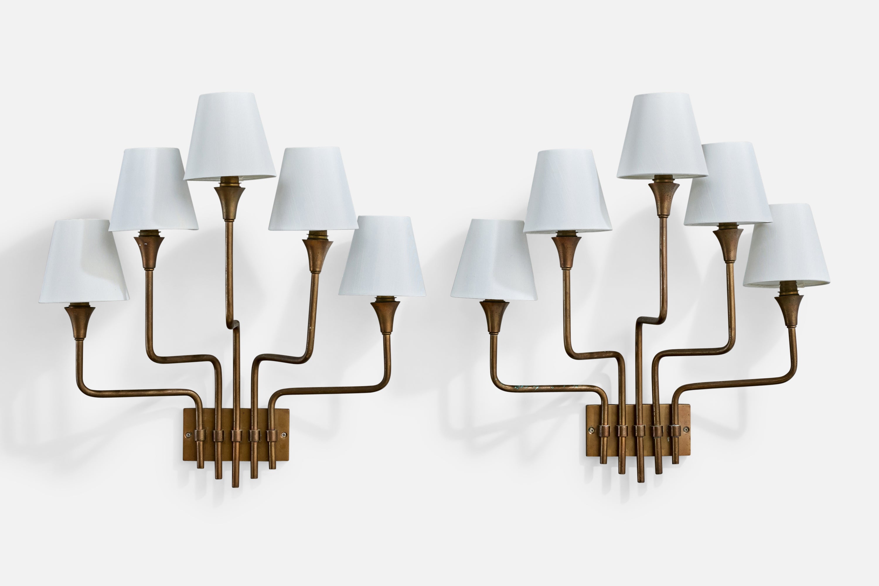 Henri Petitot, Wall Lights, Brass, Fabric, France, 1950s For Sale