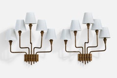 Henri Petitot, Wall Lights, Brass, Fabric, France, 1950s