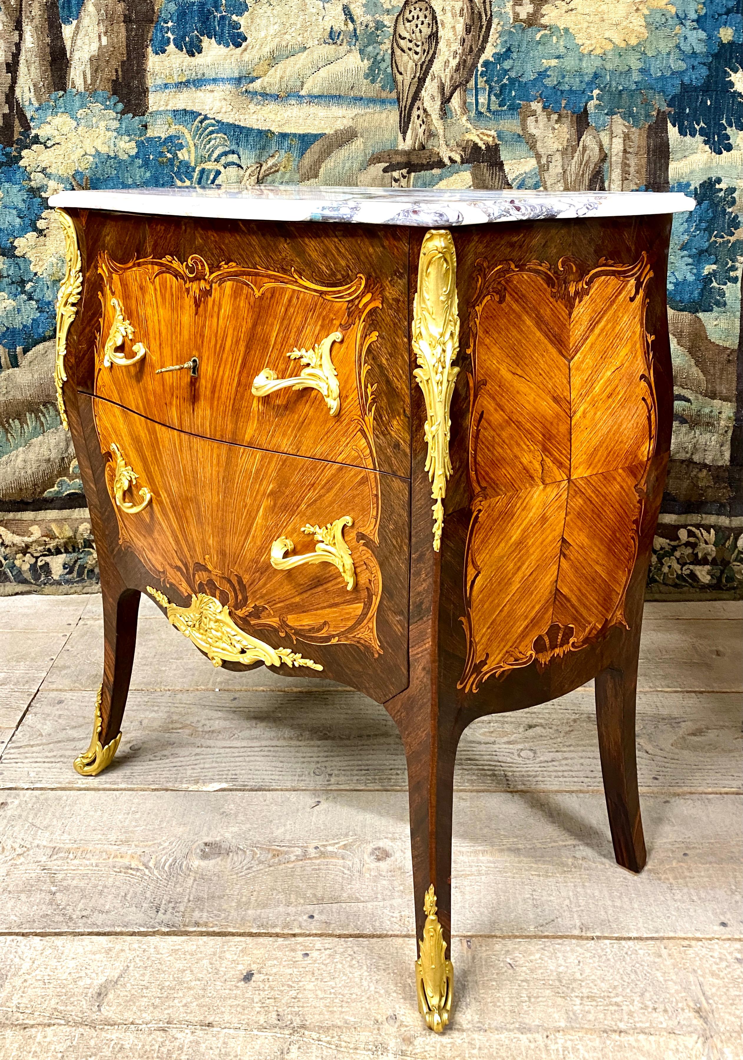 French Henri Picard, Louis XV Style Chest Of Drawers in Marquetry Bronze, Napoleon III