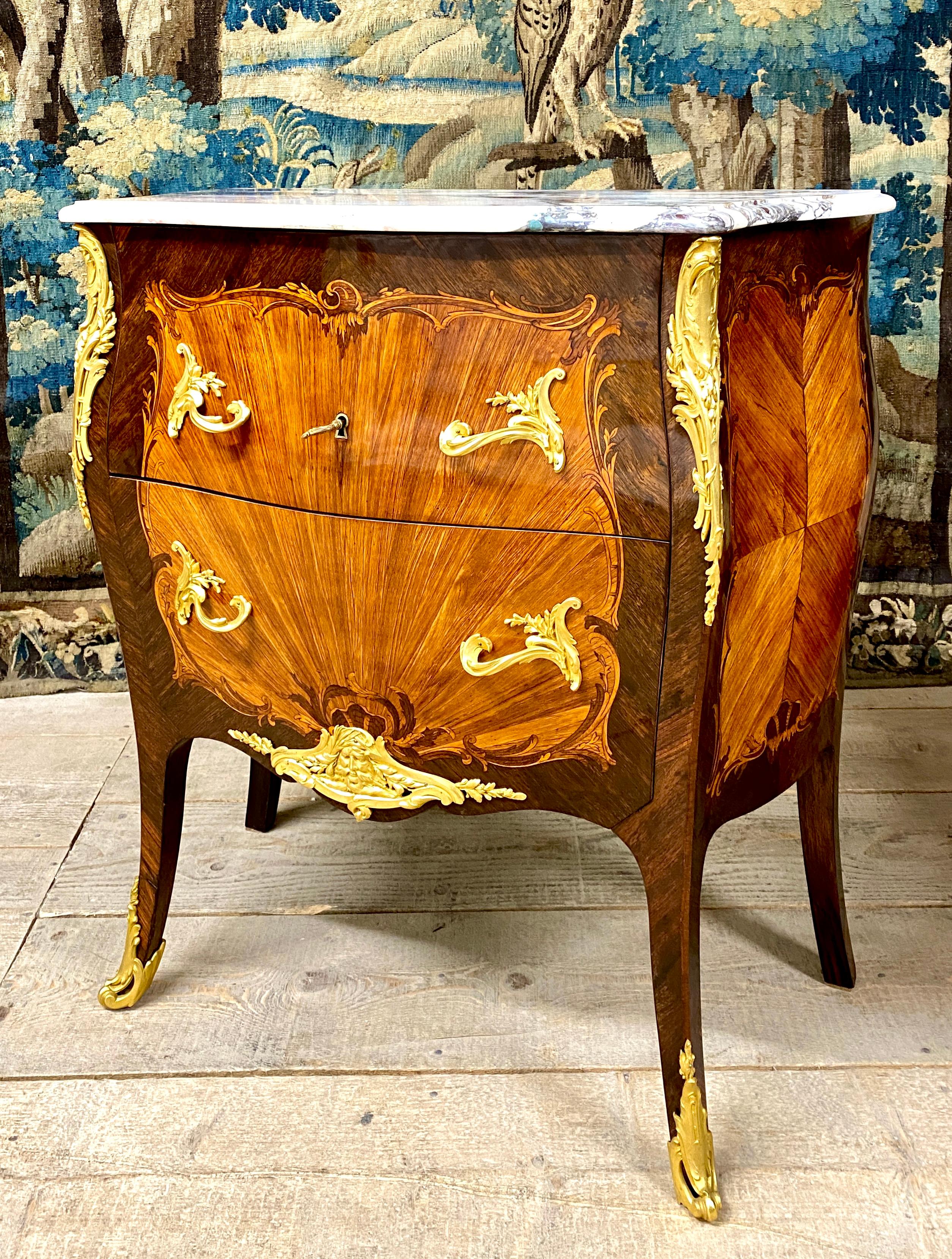 Henri Picard, Louis XV Style Chest Of Drawers in Marquetry Bronze, Napoleon III In Excellent Condition In NONANCOURT, FR