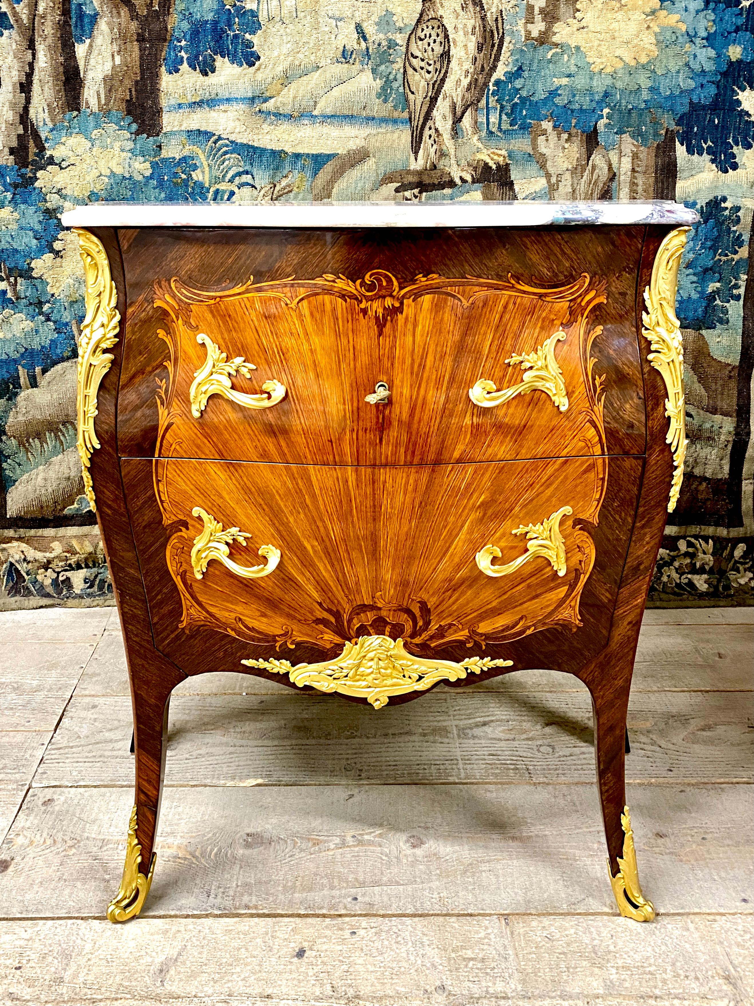 19th Century Henri Picard, Louis XV Style Chest Of Drawers in Marquetry Bronze, Napoleon III