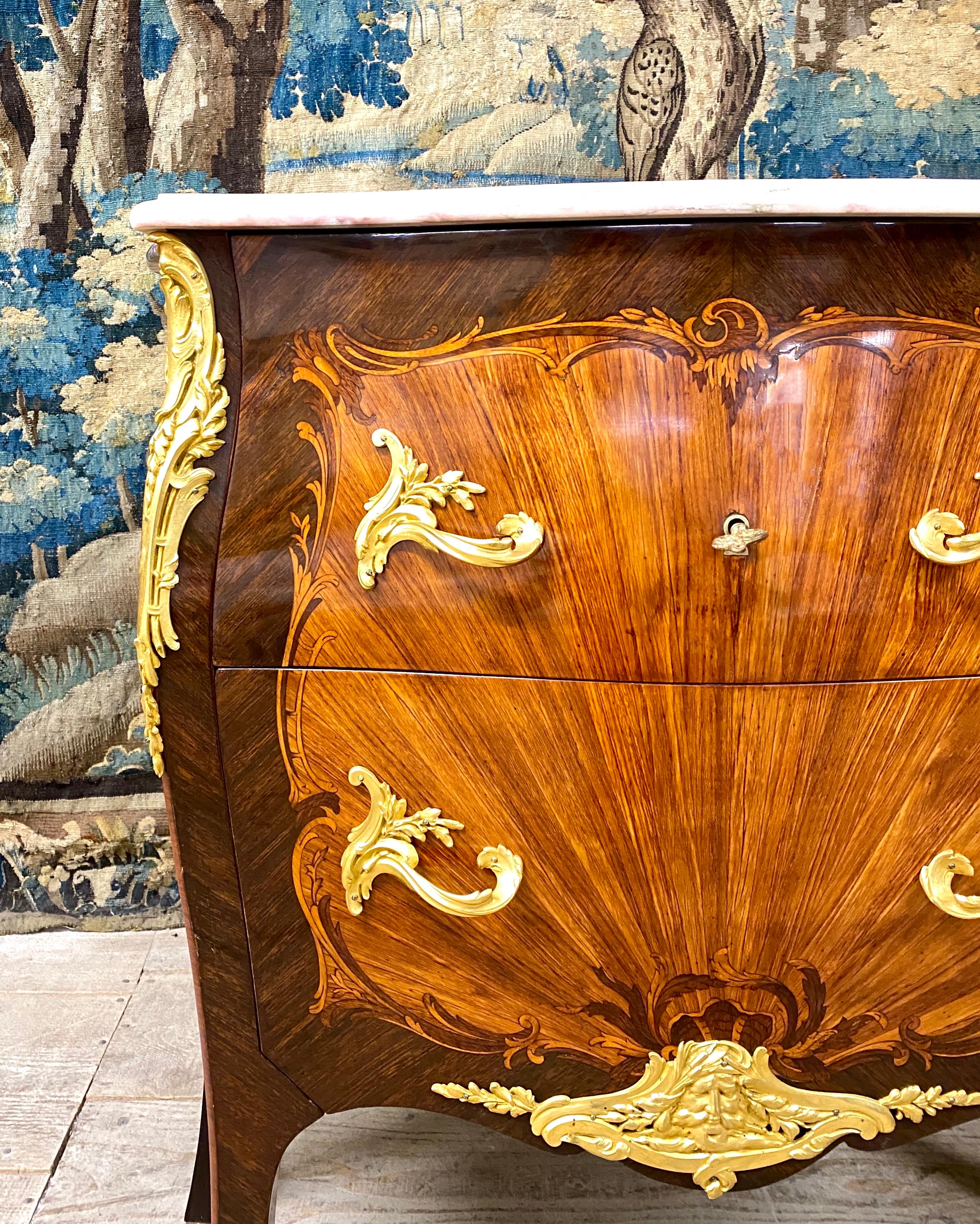 Henri Picard, Louis XV Style Chest Of Drawers in Marquetry Bronze, Napoleon III 1