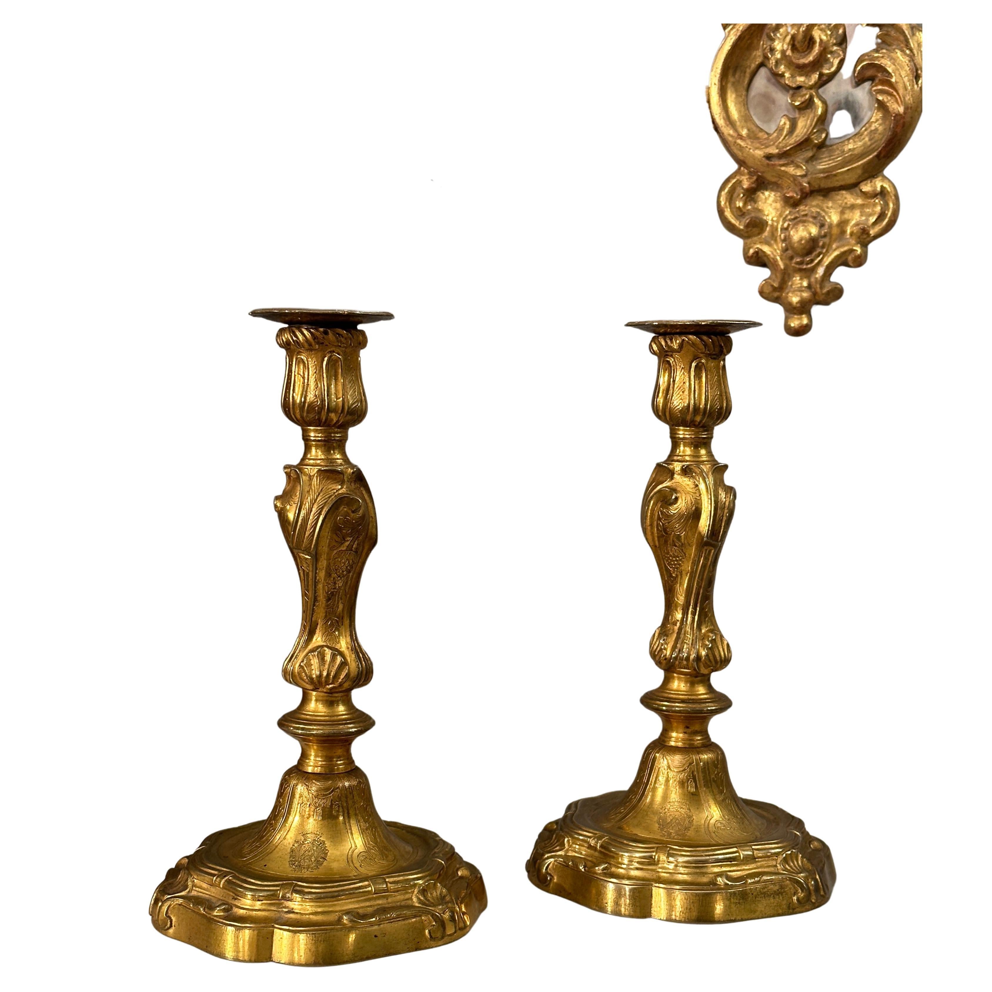 Henri Picard, Paire De Bougeoirs Flambeaux Bronze Style Louis XV XIXème For Sale