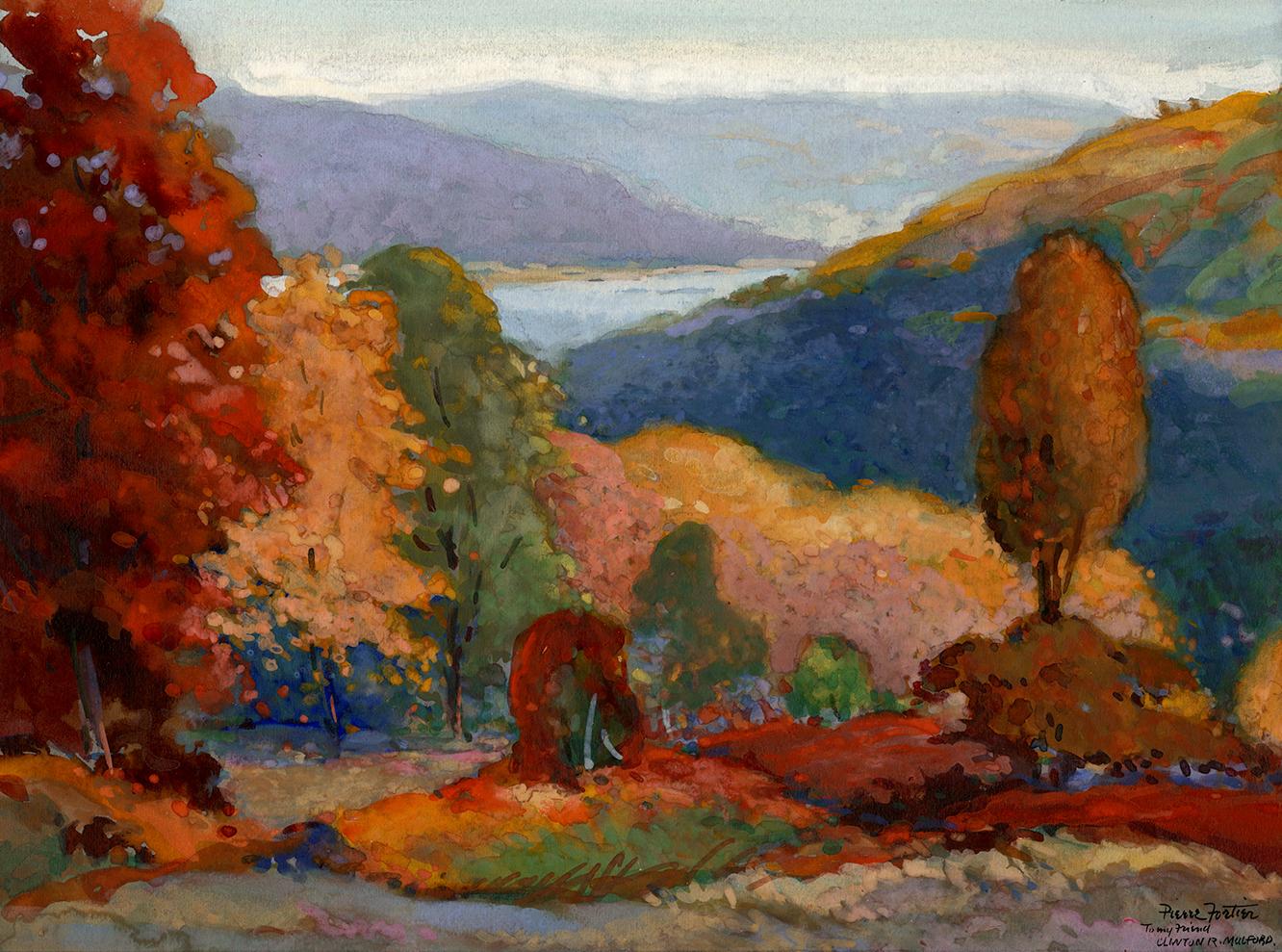 Landscape Painting Henri Pierre Fortier - Paysage d'automne post-impressionniste des années 1940