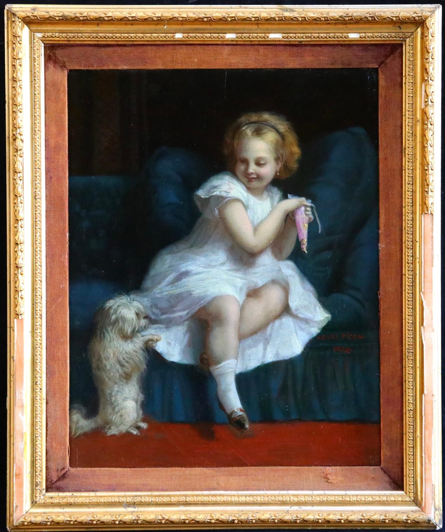Bonbons - 19th Century Romantic Oil, Girl with Dog in Interior by Henri Picou - Painting by Henri-Pierre Picou