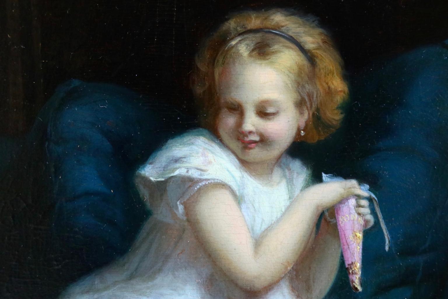 An enchanting oil on panel by Henri Pierre Picou depicting a young girl in a white dress seated in a plush blue armchair holding a bag of sweets. A small dog stands beside her begging. Signed and dated 1872 lower right. Framed dimensions are 18
