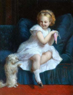 Bonbons - 19th Century Romantic Oil, Girl with Dog in Interior by Henri Picou