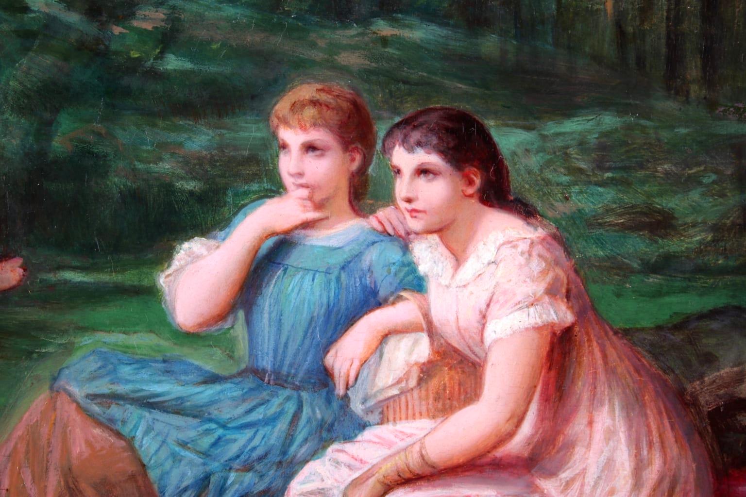 An enchanting oil on panel by sought after French painter Henri Pierre Picou depicting two young women - one in a pink dress and the other in blue - seated in a forest listening intently to Cupid, the Roman god of love, as he sits perched on a rock.